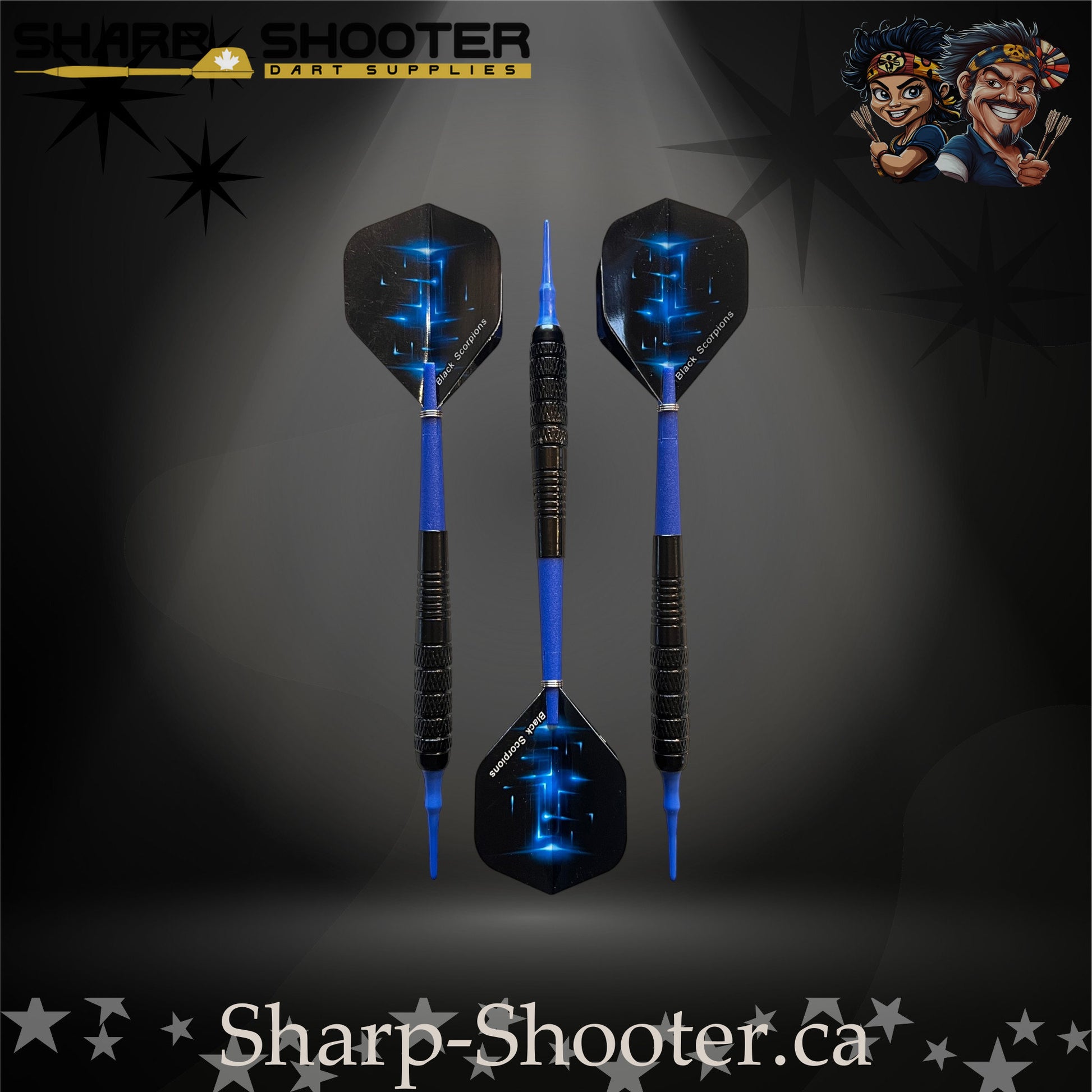 Aftershock soft tip dart set with SD12 barrels, blue shafts, blue tips, and star-pattern flights – Sharp Shooter Dart Supplies.