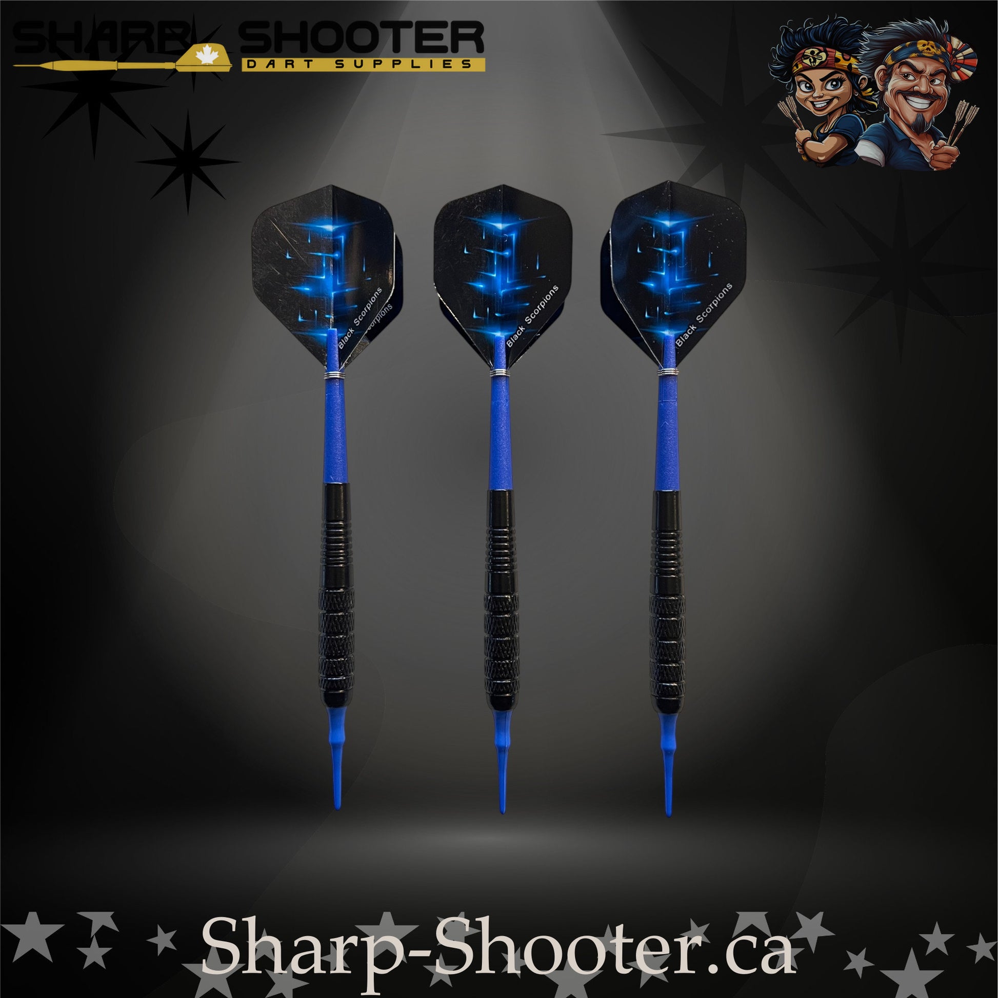 Aftershock soft tip dart set with SD12 barrels, blue shafts, blue tips, and star-pattern flights – Sharp Shooter Dart Supplies.
