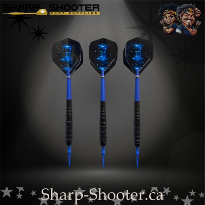 Aftershock soft tip dart set with SD12 barrels, blue shafts, blue tips, and star-pattern flights – Sharp Shooter Dart Supplies.