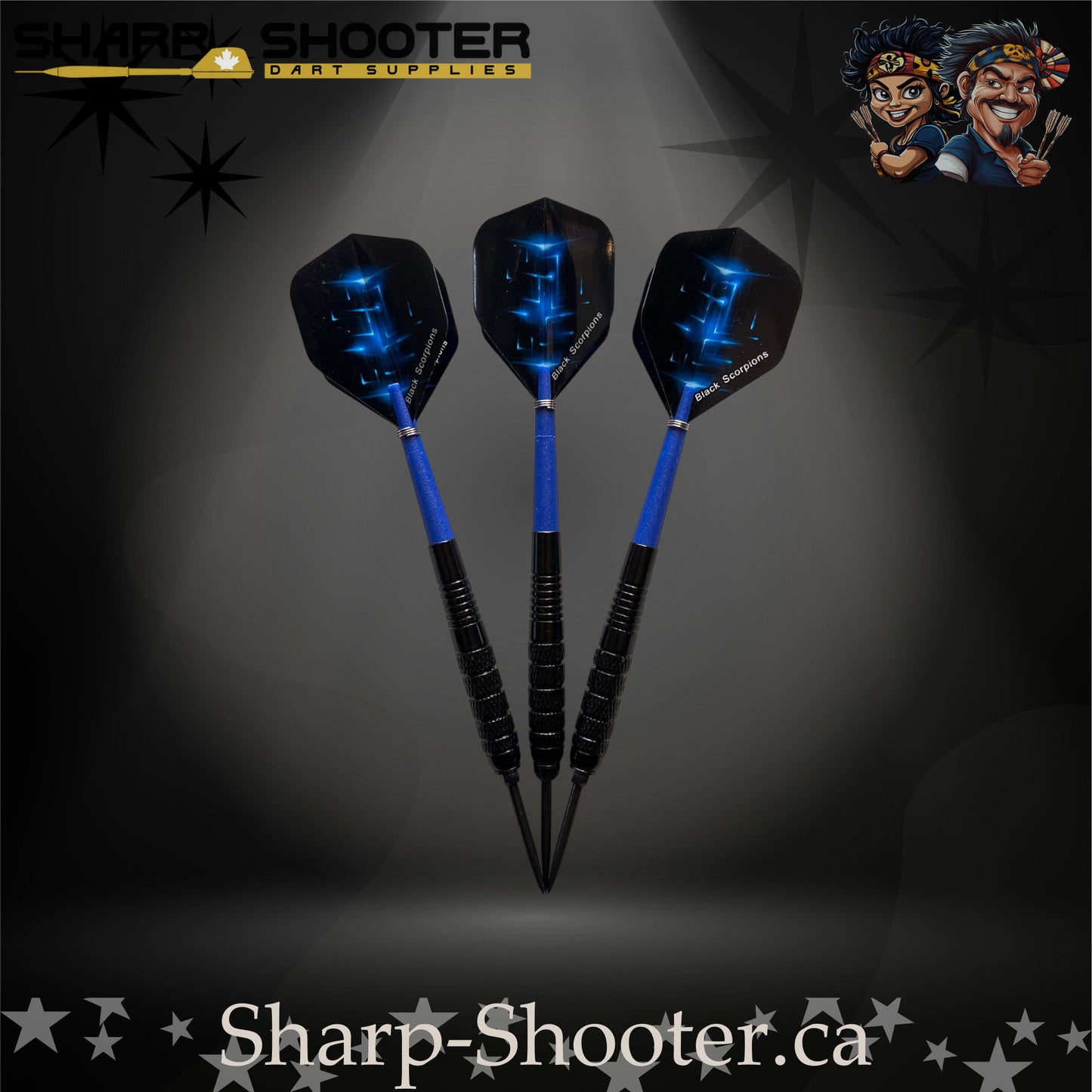 Aftershock-S steel tip dart set with SD12 black barrels, 29 mm slim steel tips, blue shafts, and star-pattern flights – Sharp Shooter Dart Supplies.