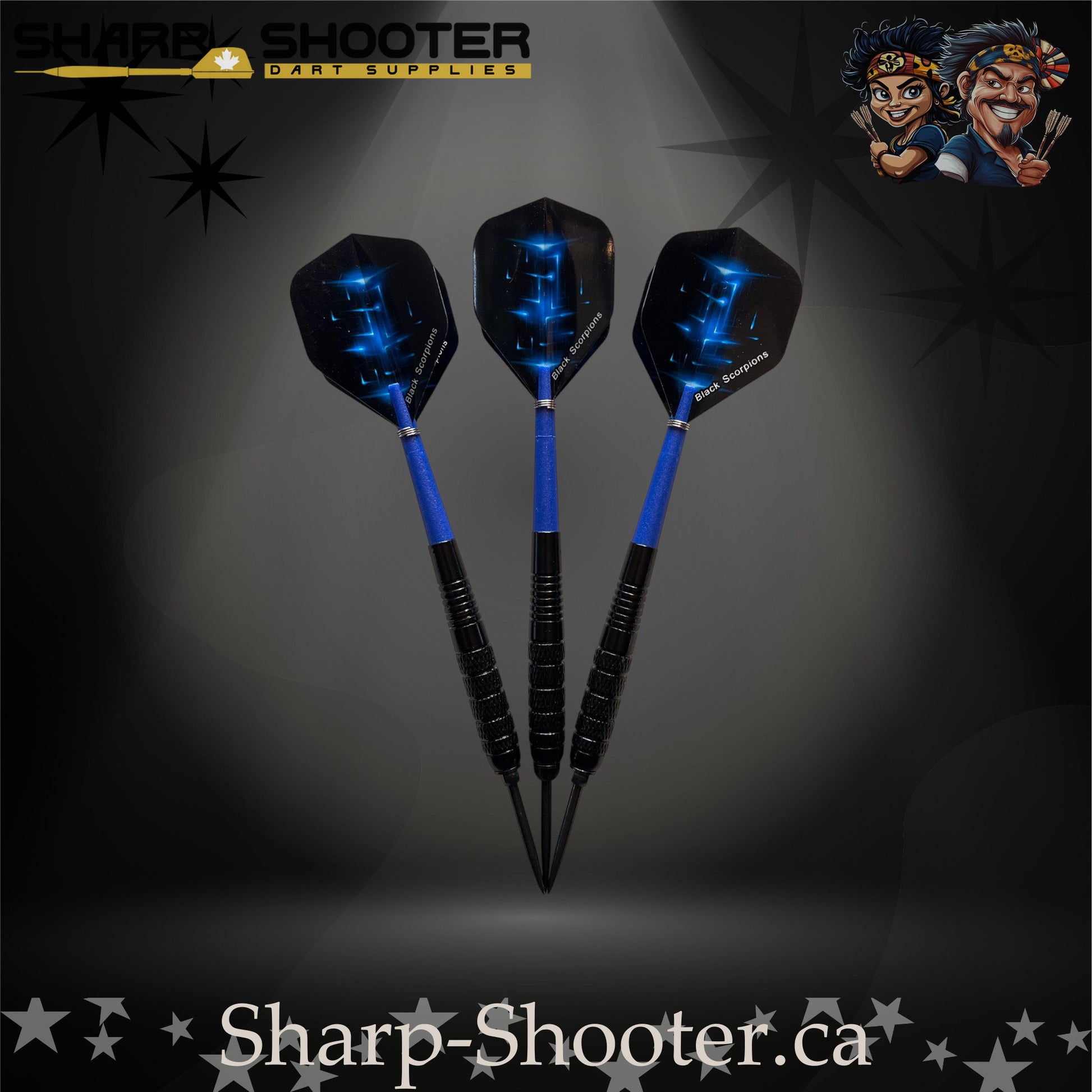 Aftershock-S steel tip dart set with SD12 black barrels, 29 mm slim steel tips, blue shafts, and star-pattern flights – Sharp Shooter Dart Supplies.