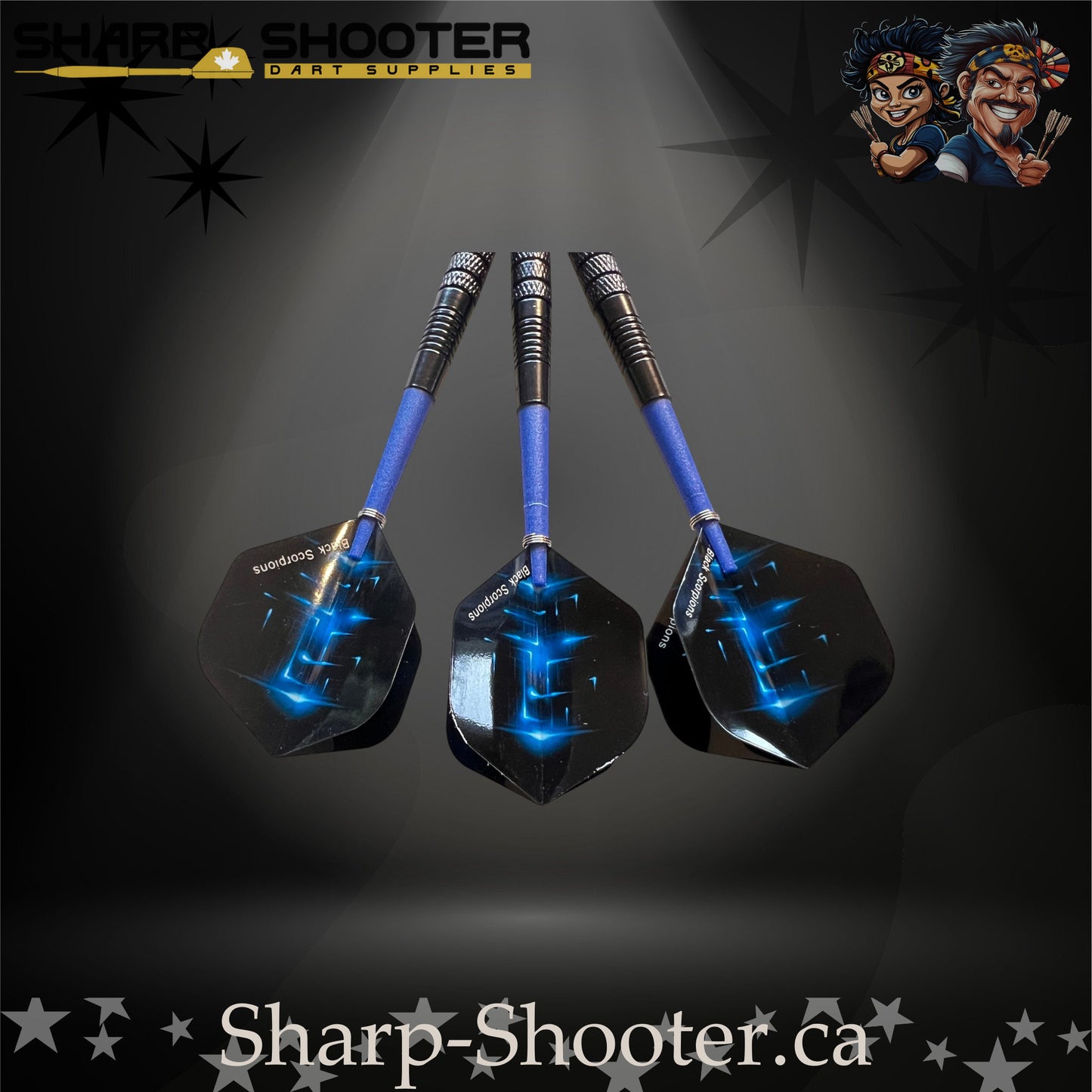 Aftershock-S steel tip dart set with SD12 black barrels, 29 mm slim steel tips, blue shafts, and star-pattern flights – Sharp Shooter Dart Supplies.