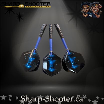 Aftershock-S steel tip dart set with SD12 black barrels, 29 mm slim steel tips, blue shafts, and star-pattern flights – Sharp Shooter Dart Supplies.