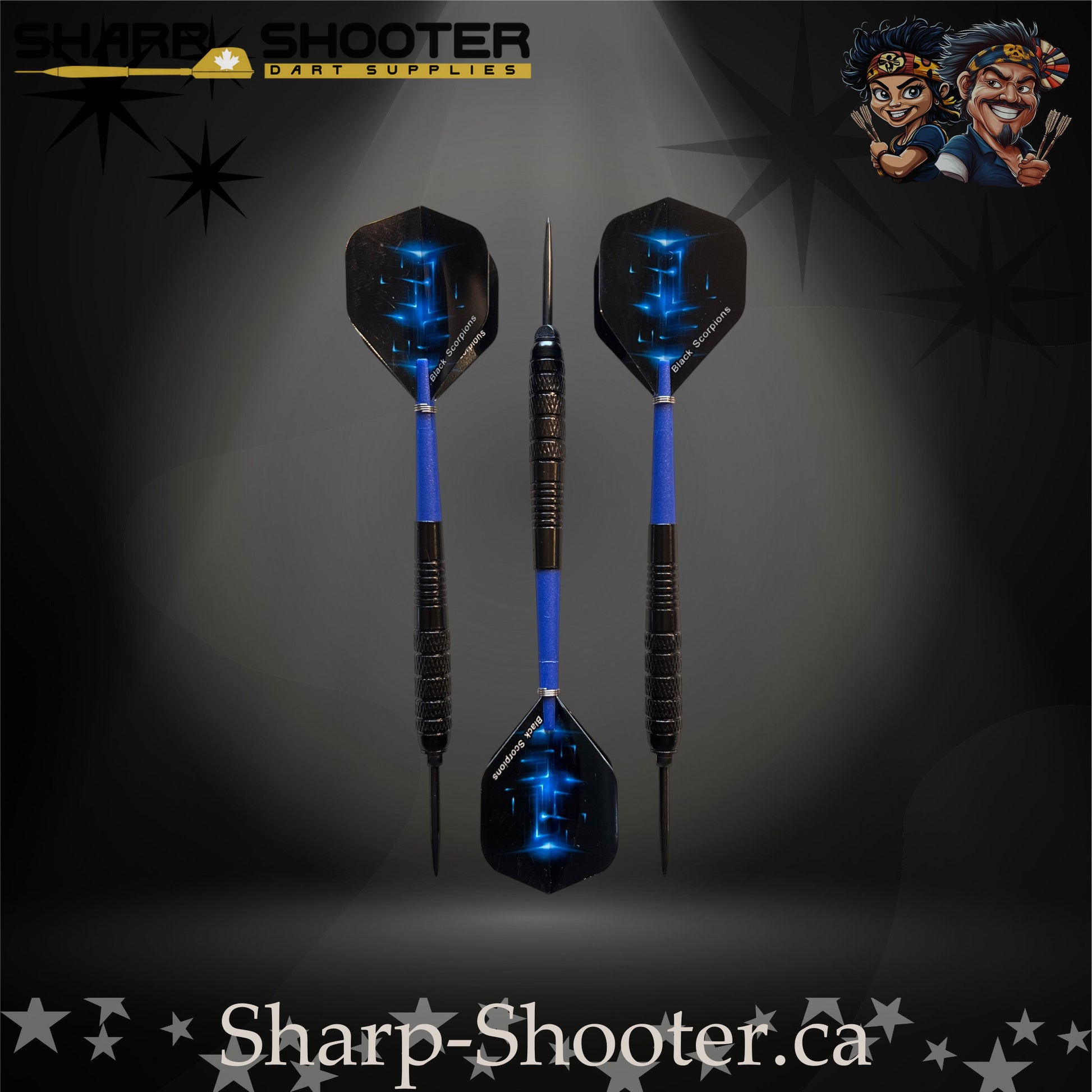 Aftershock-S steel tip dart set with SD12 black barrels, 29 mm slim steel tips, blue shafts, and star-pattern flights – Sharp Shooter Dart Supplies.