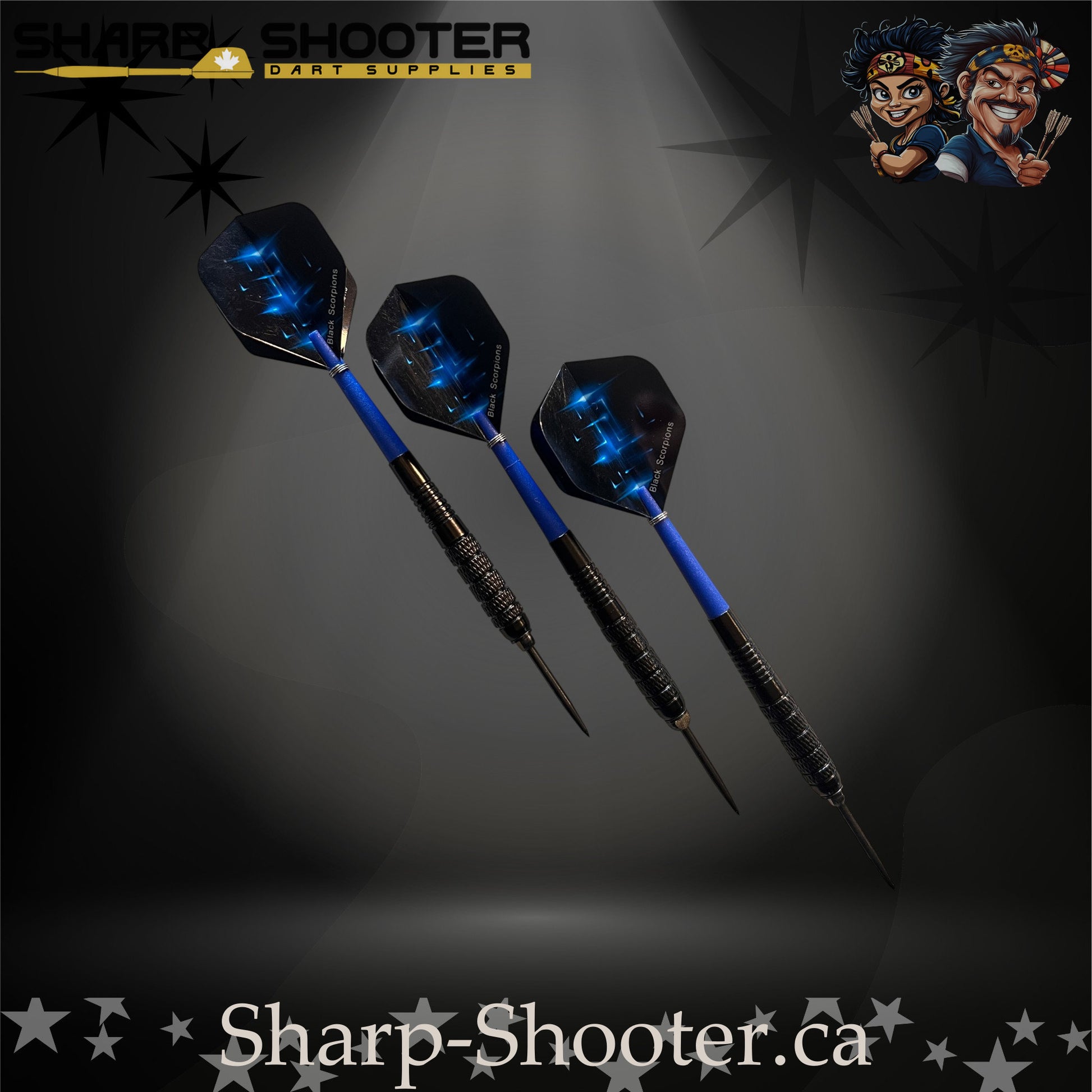 Aftershock-S steel tip dart set with SD12 black barrels, 29 mm slim steel tips, blue shafts, and star-pattern flights – Sharp Shooter Dart Supplies.