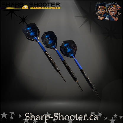 Aftershock-S steel tip dart set with SD12 black barrels, 29 mm slim steel tips, blue shafts, and star-pattern flights – Sharp Shooter Dart Supplies.