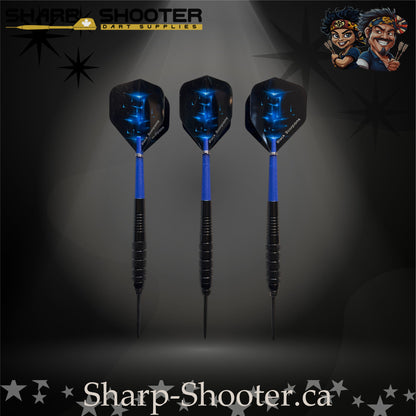 Aftershock-S steel tip dart set with SD12 black barrels, 29 mm slim steel tips, blue shafts, and star-pattern flights – Sharp Shooter Dart Supplies.