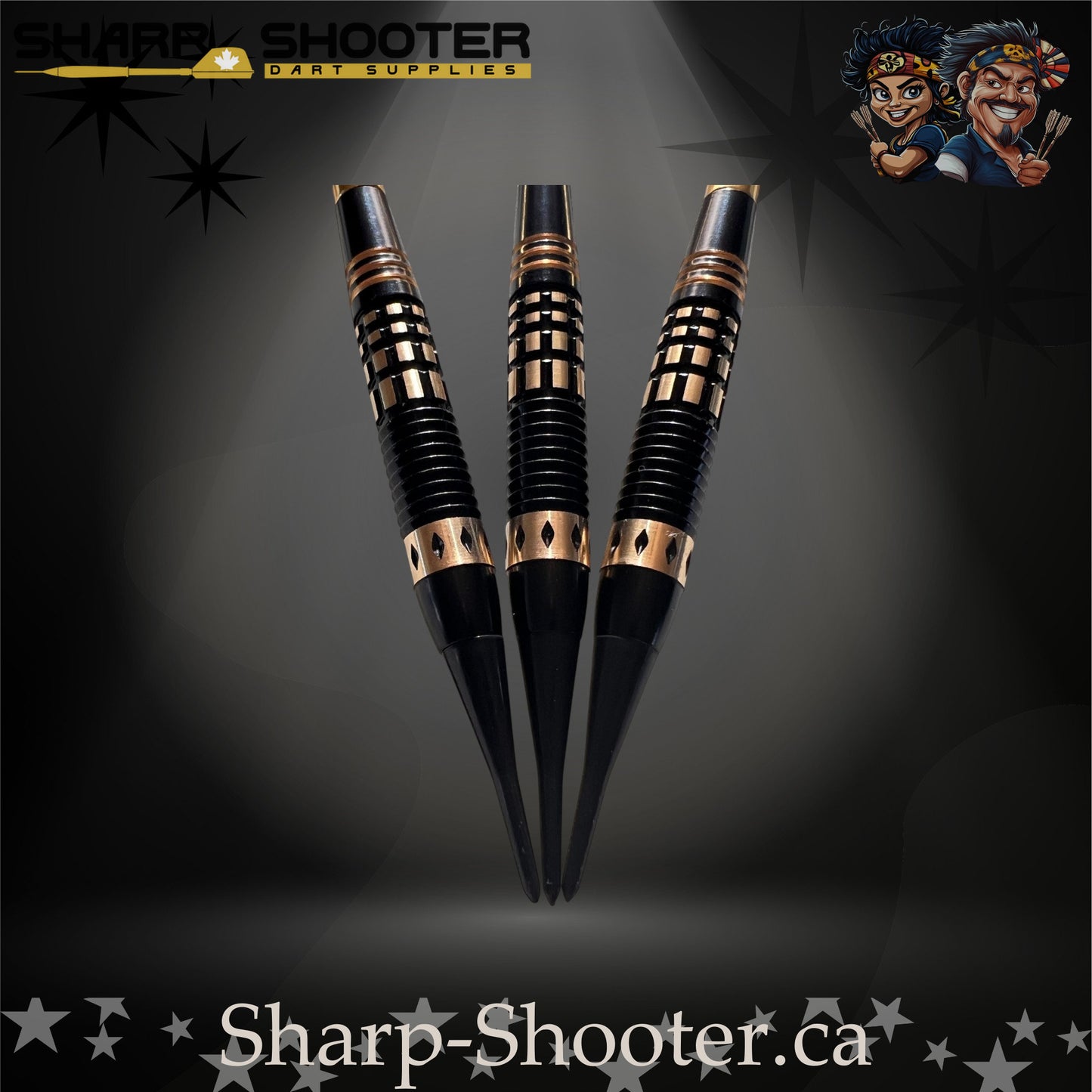 Assassin soft-tip dart set featuring black-and-gold flights, golden flight protectors, black knurled grip barrels, and black soft-tip points — Sharpshooter Exclusive Series.