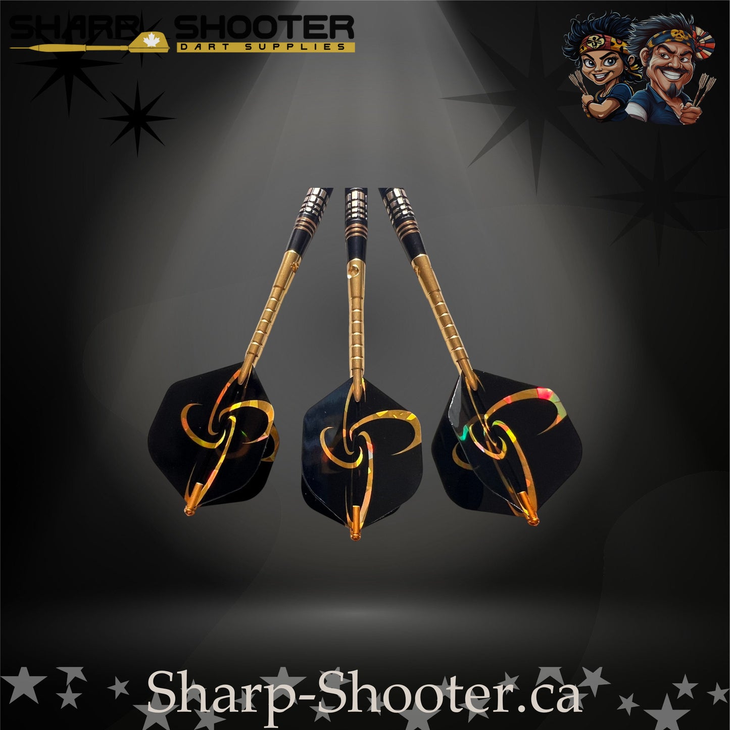 Assassin soft-tip dart set featuring black-and-gold flights, golden flight protectors, black knurled grip barrels, and black soft-tip points — Sharpshooter Exclusive Series.