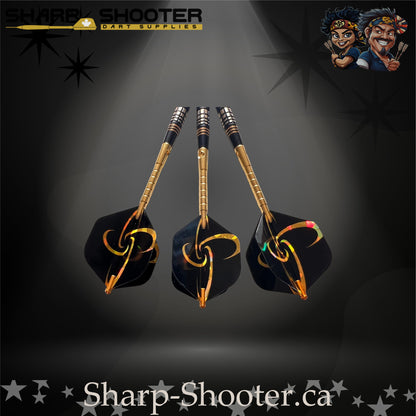 Assassin soft-tip dart set featuring black-and-gold flights, golden flight protectors, black knurled grip barrels, and black soft-tip points — Sharpshooter Exclusive Series.