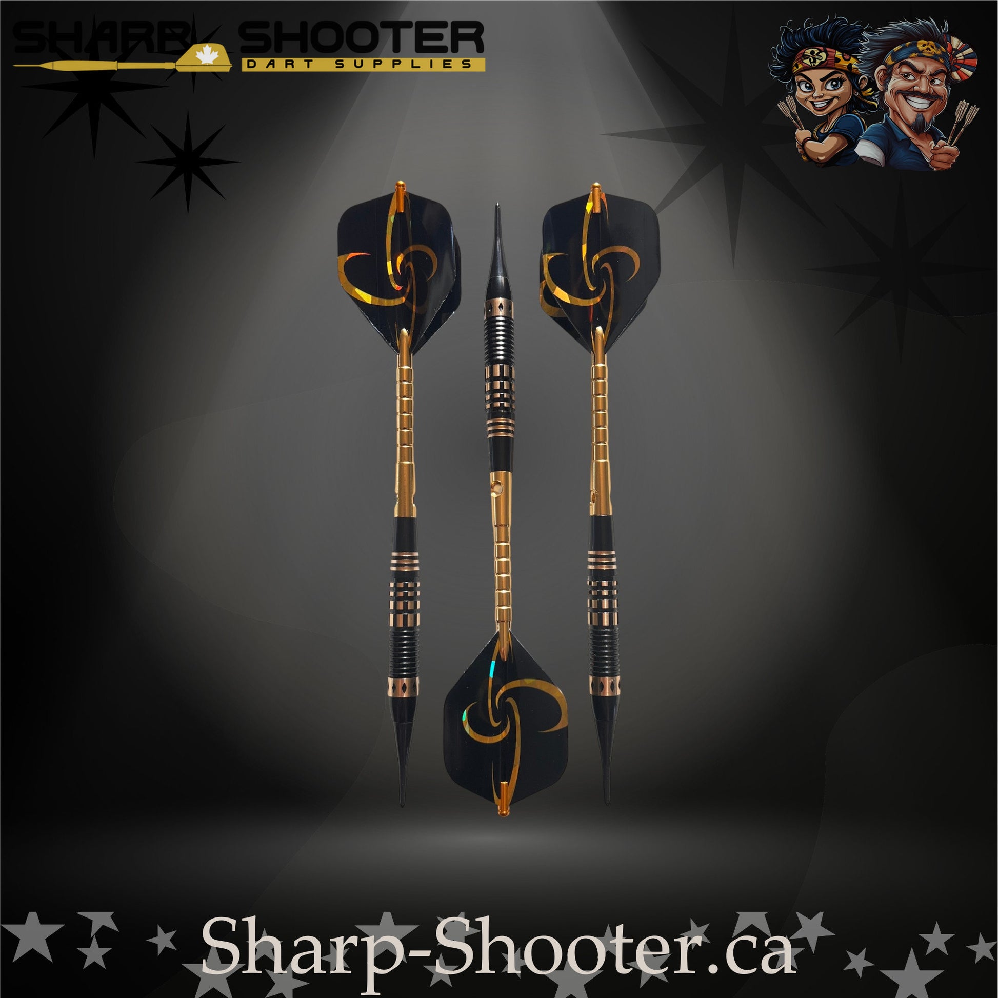 Assassin soft-tip dart set featuring black-and-gold flights, golden flight protectors, black knurled grip barrels, and black soft-tip points — Sharpshooter Exclusive Series.