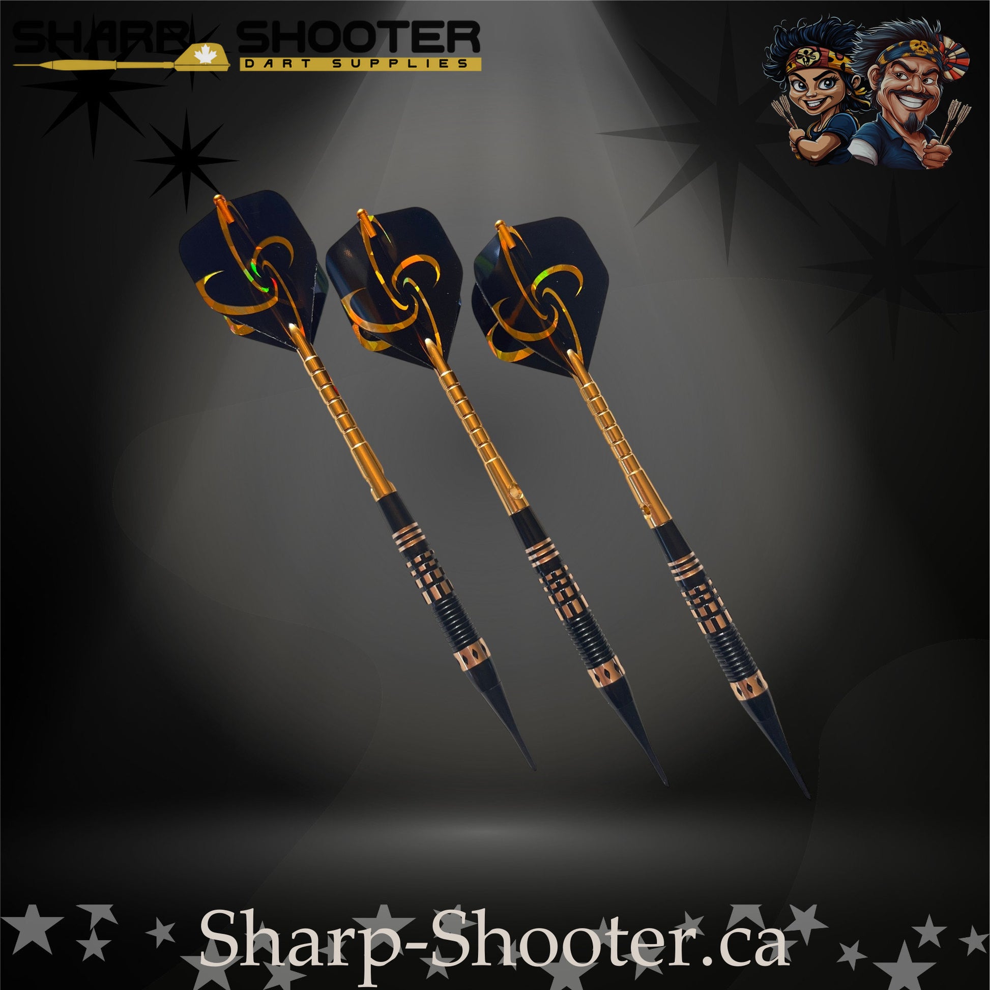 Assassin soft-tip dart set featuring black-and-gold flights, golden flight protectors, black knurled grip barrels, and black soft-tip points — Sharpshooter Exclusive Series.