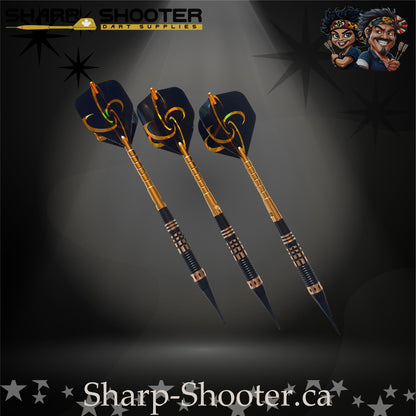 Assassin soft-tip dart set featuring black-and-gold flights, golden flight protectors, black knurled grip barrels, and black soft-tip points — Sharpshooter Exclusive Series.