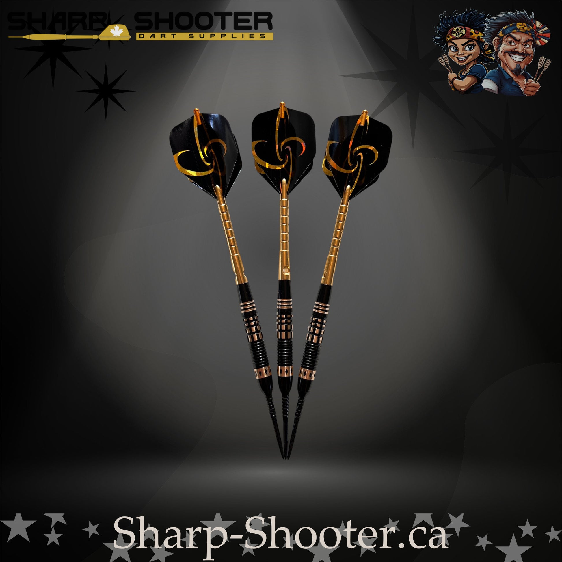 Assassin steel-tip dart set with black-and-gold flights, golden flight protectors, black knurled grip barrels, and precision black points — Sharpshooter Exclusive Series