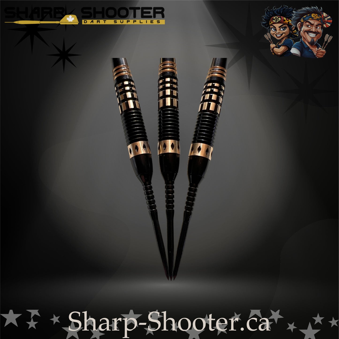 Assassin steel-tip dart set with black-and-gold flights, golden flight protectors, black knurled grip barrels, and precision black points — Sharpshooter Exclusive Series