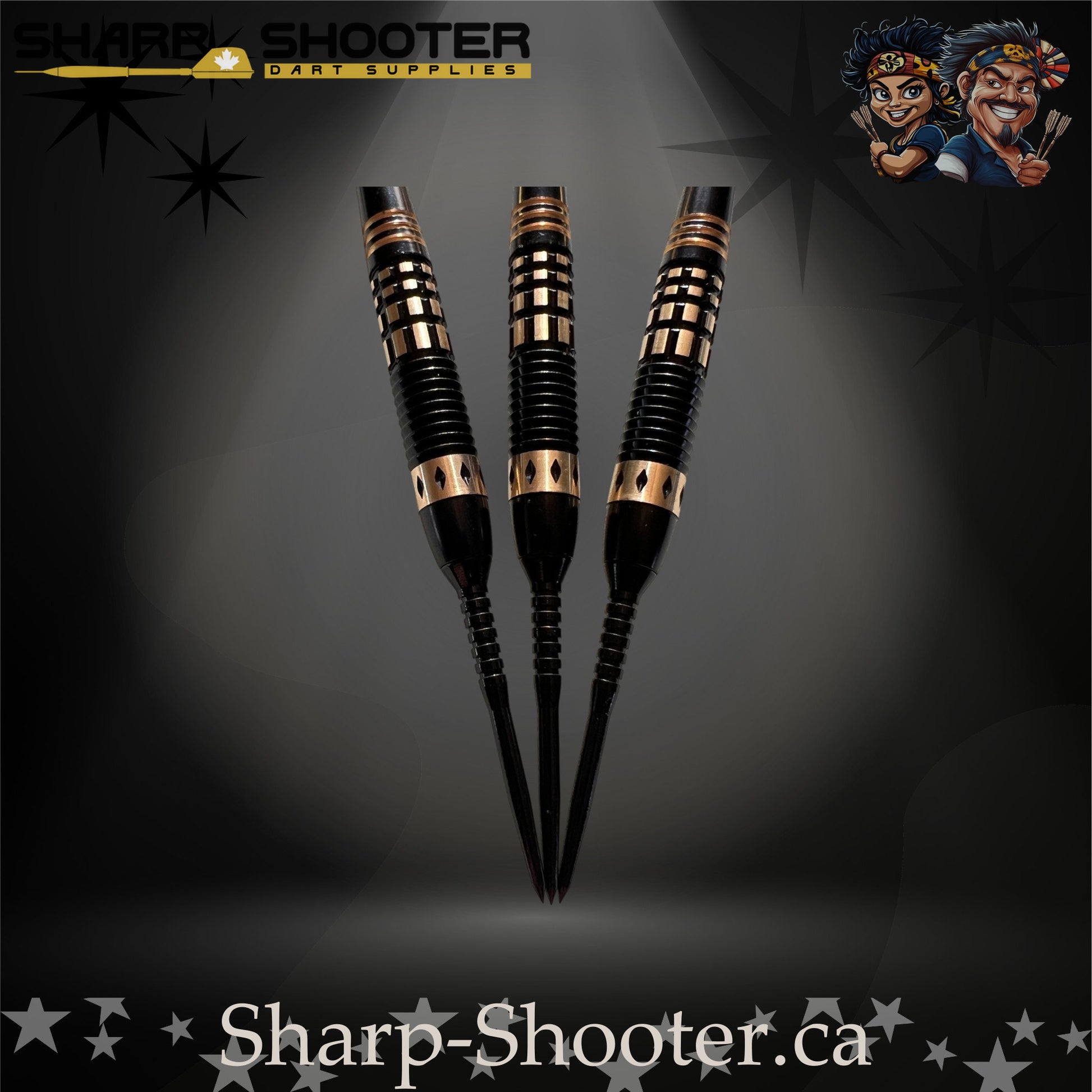 Assassin steel-tip dart set with black-and-gold flights, golden flight protectors, black knurled grip barrels, and precision black points — Sharpshooter Exclusive Series