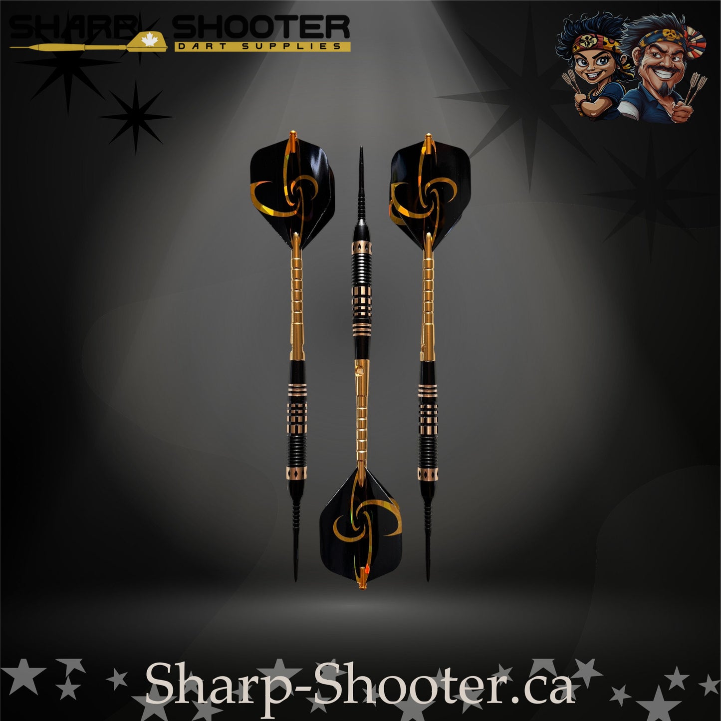 Assassin steel-tip dart set with black-and-gold flights, golden flight protectors, black knurled grip barrels, and precision black points — Sharpshooter Exclusive Series