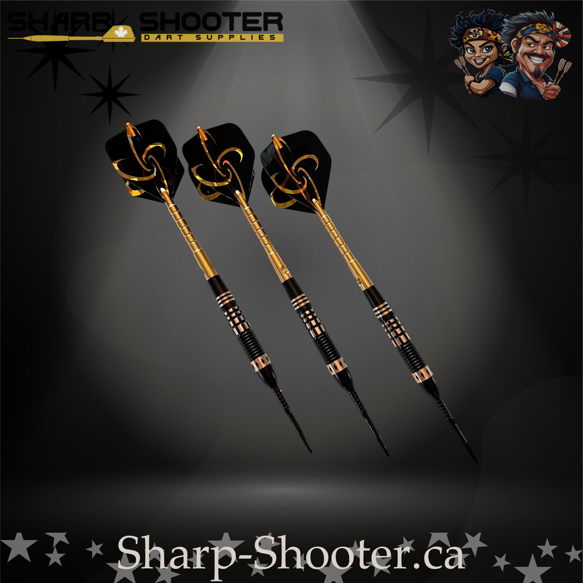 Assassin steel-tip dart set with black-and-gold flights, golden flight protectors, black knurled grip barrels, and precision black points — Sharpshooter Exclusive Series