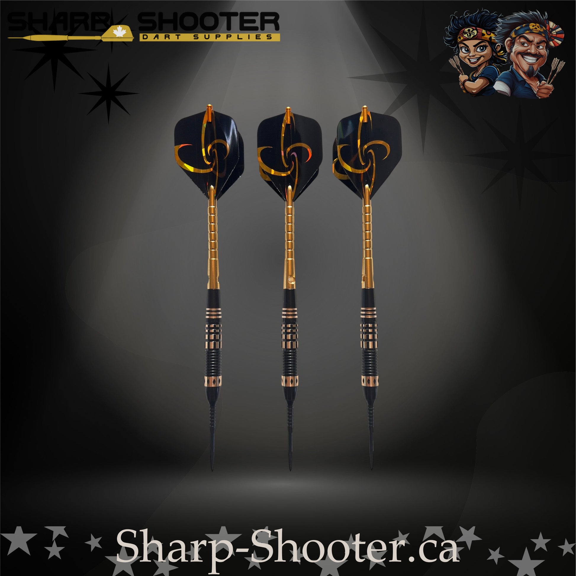 Assassin steel-tip dart set with black-and-gold flights, golden flight protectors, black knurled grip barrels, and precision black points — Sharpshooter Exclusive Series
