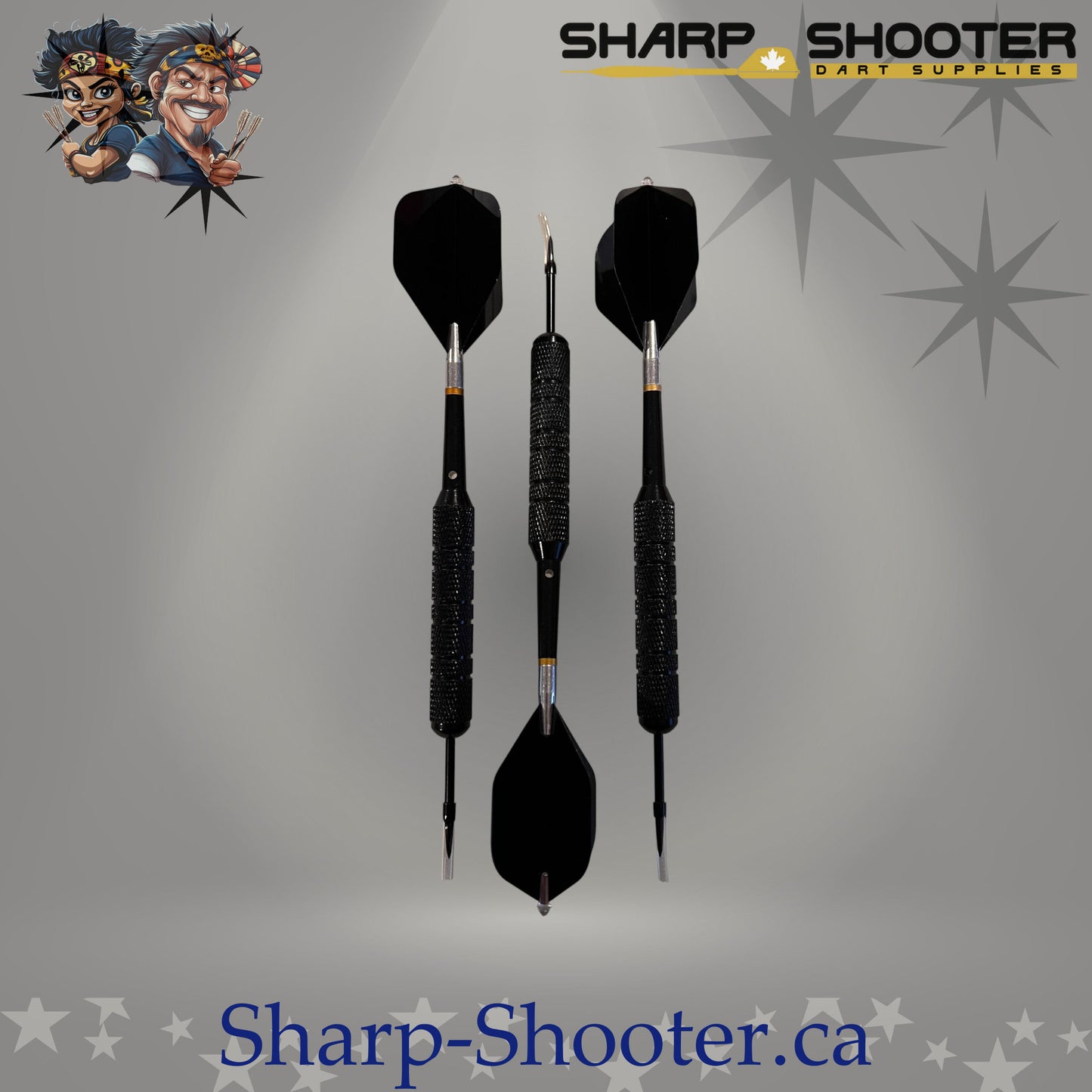 Blackout steel dart set featuring heavy 32 gram steel-plated Reaver barrels with large diameter grip, assembled with rotating shafts and black standard flights, displayed on Sharpshooter Select Series template.