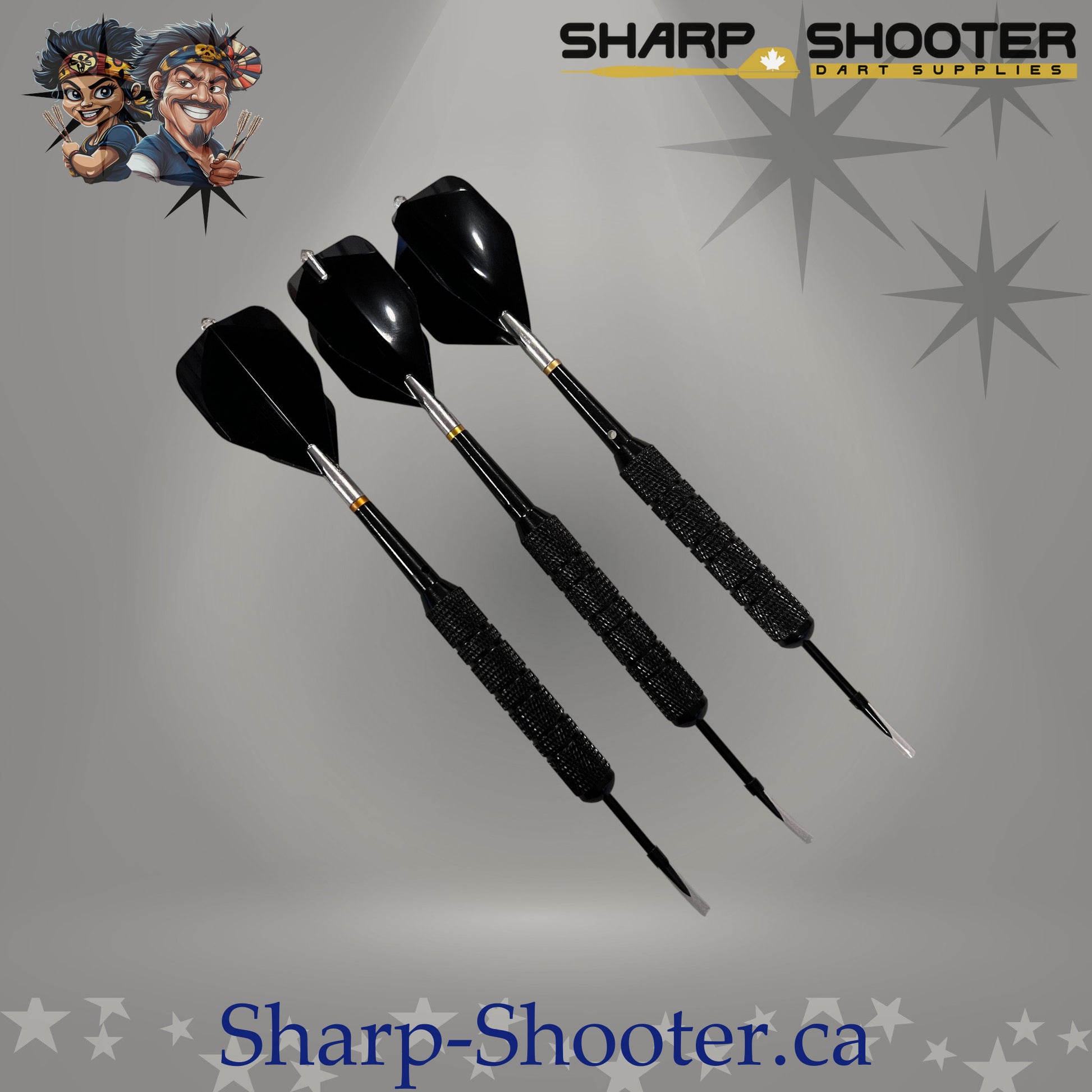 Blackout steel dart set featuring heavy 32 gram steel-plated Reaver barrels with large diameter grip, assembled with rotating shafts and black standard flights, displayed on Sharpshooter Select Series template.