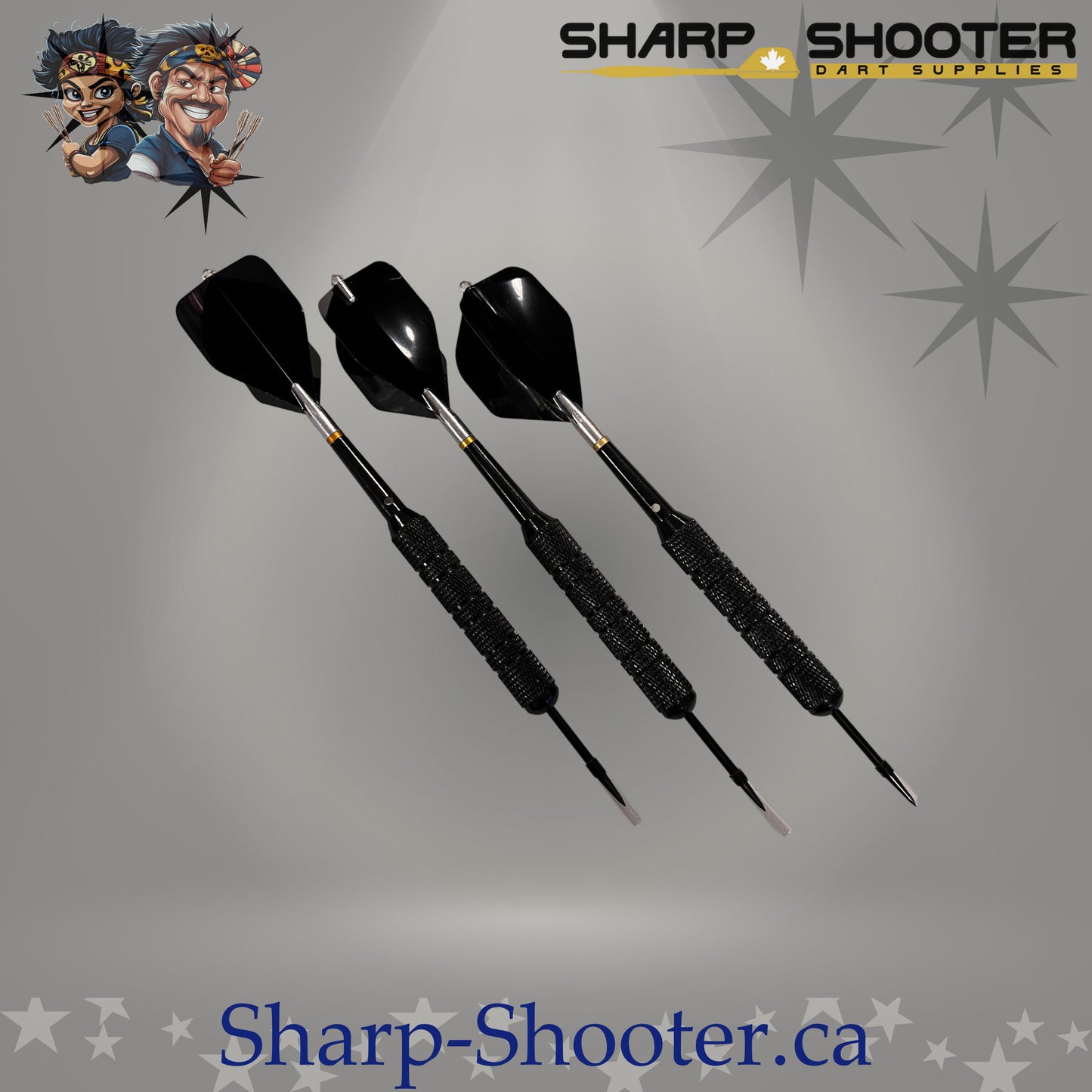Blackout steel dart set featuring heavy 32 gram steel-plated Reaver barrels with large diameter grip, assembled with rotating shafts and black standard flights, displayed on Sharpshooter Select Series template.