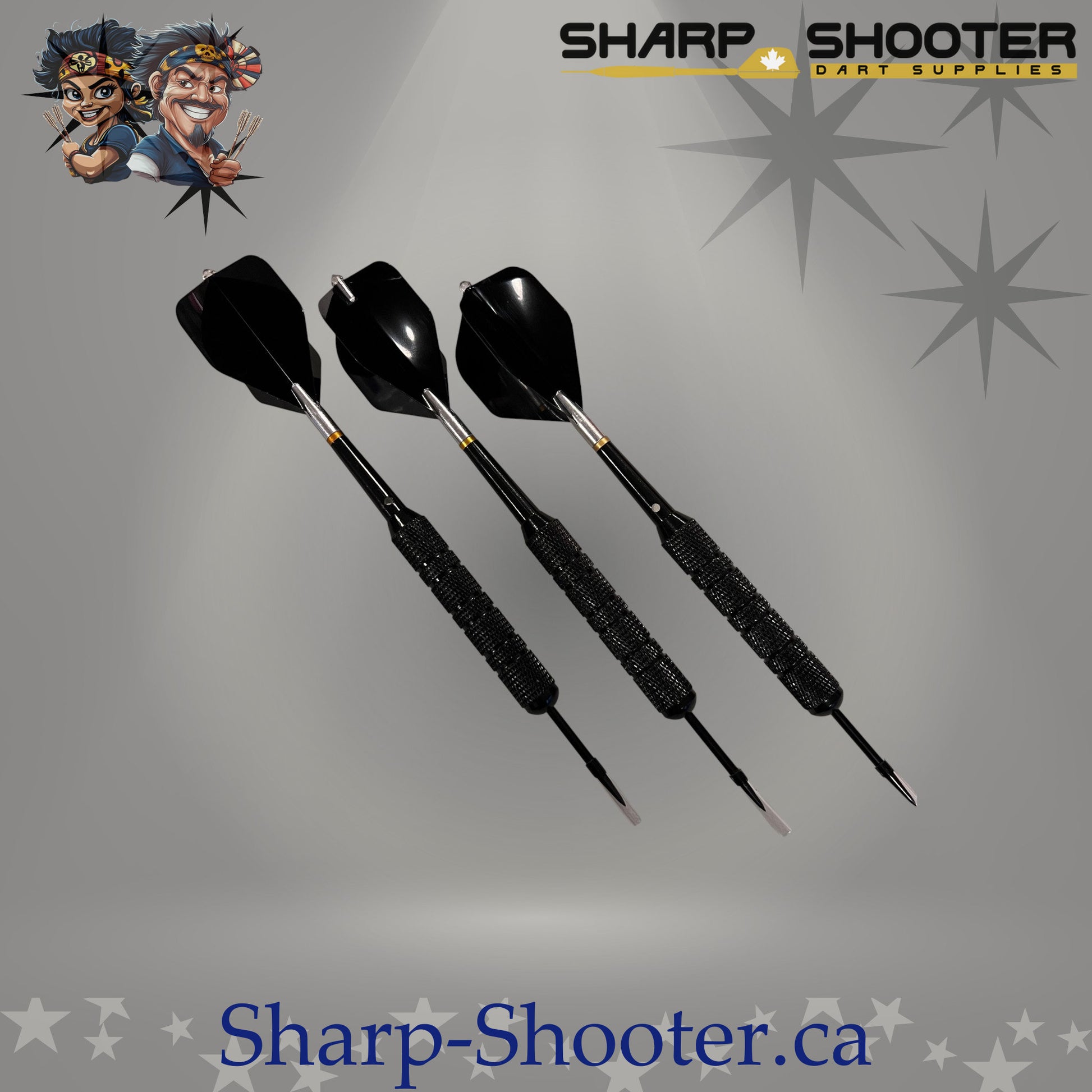 Blackout steel dart set featuring heavy 32 gram steel-plated Reaver barrels with large diameter grip, assembled with rotating shafts and black standard flights, displayed on Sharpshooter Select Series template.