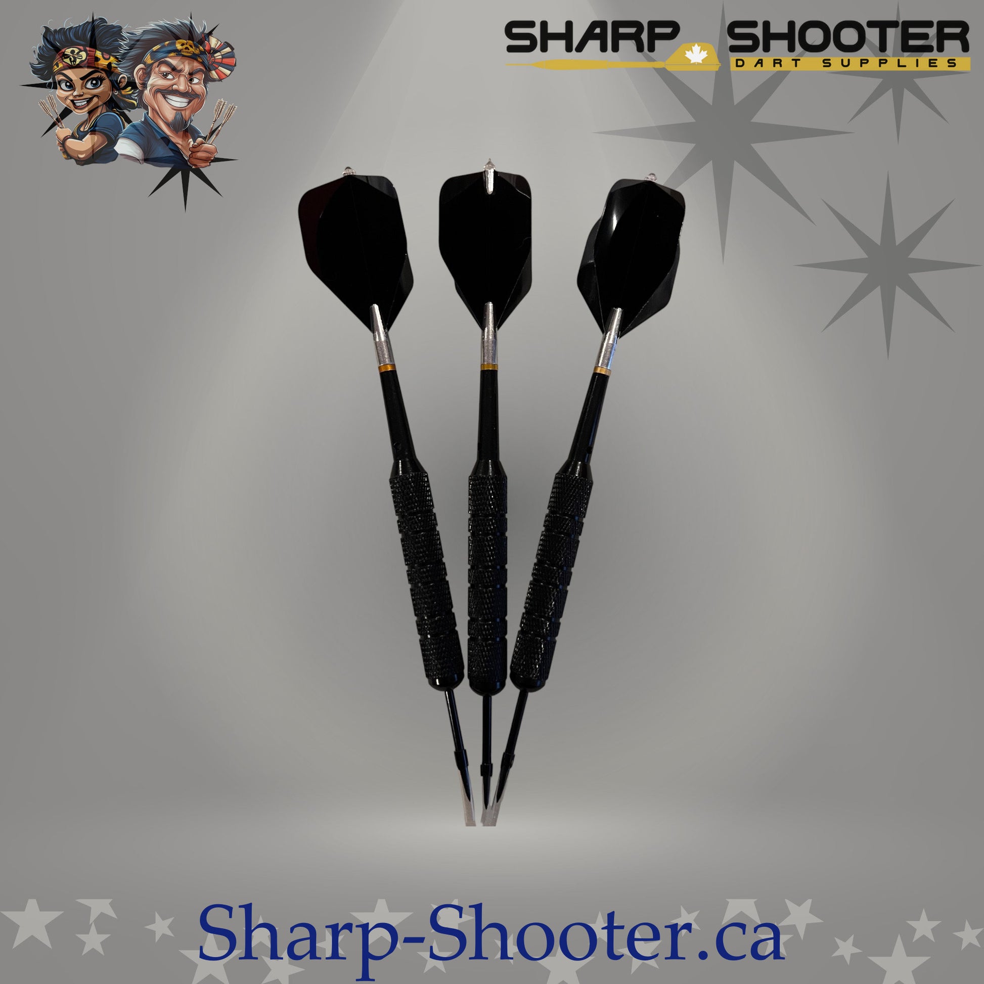 Blackout steel dart set featuring heavy 32 gram steel-plated Reaver barrels with large diameter grip, assembled with rotating shafts and black standard flights, displayed on Sharpshooter Select Series template.