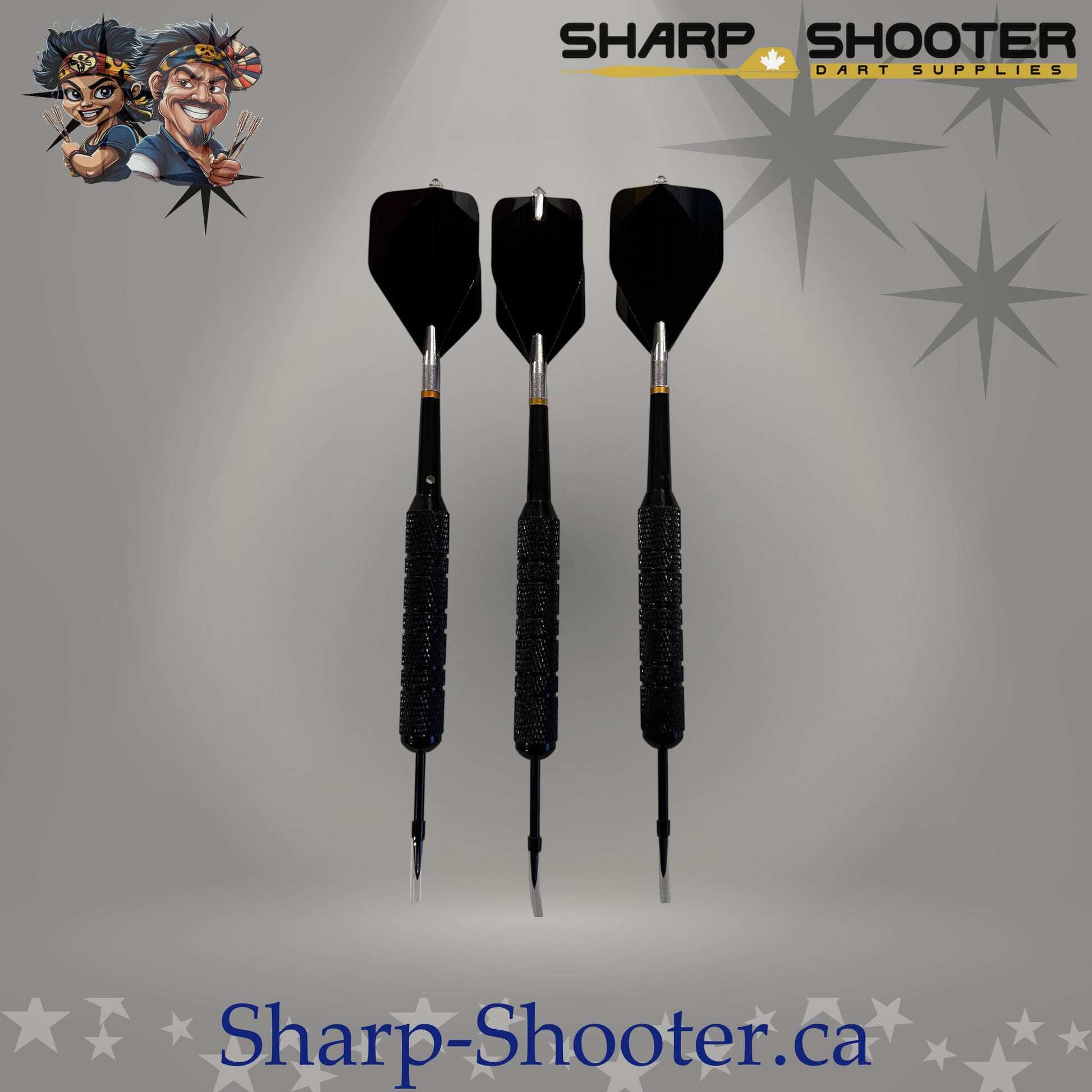 Blackout steel dart set featuring heavy 32 gram steel-plated Reaver barrels with large diameter grip, assembled with rotating shafts and black standard flights, displayed on Sharpshooter Select Series template.