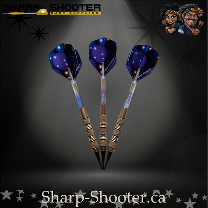 Blue Lagoon soft tip dart set featuring silver-nickel SD08 Night Forge barrels with black accent rings, clear shafts with visible air-bubble cores, and matching blue flights, displayed on a dark gradient background.”