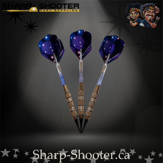 Blue Lagoon soft tip dart set featuring silver-nickel SD08 Night Forge barrels with black accent rings, clear shafts with visible air-bubble cores, and matching blue flights, displayed on a dark gradient background.”