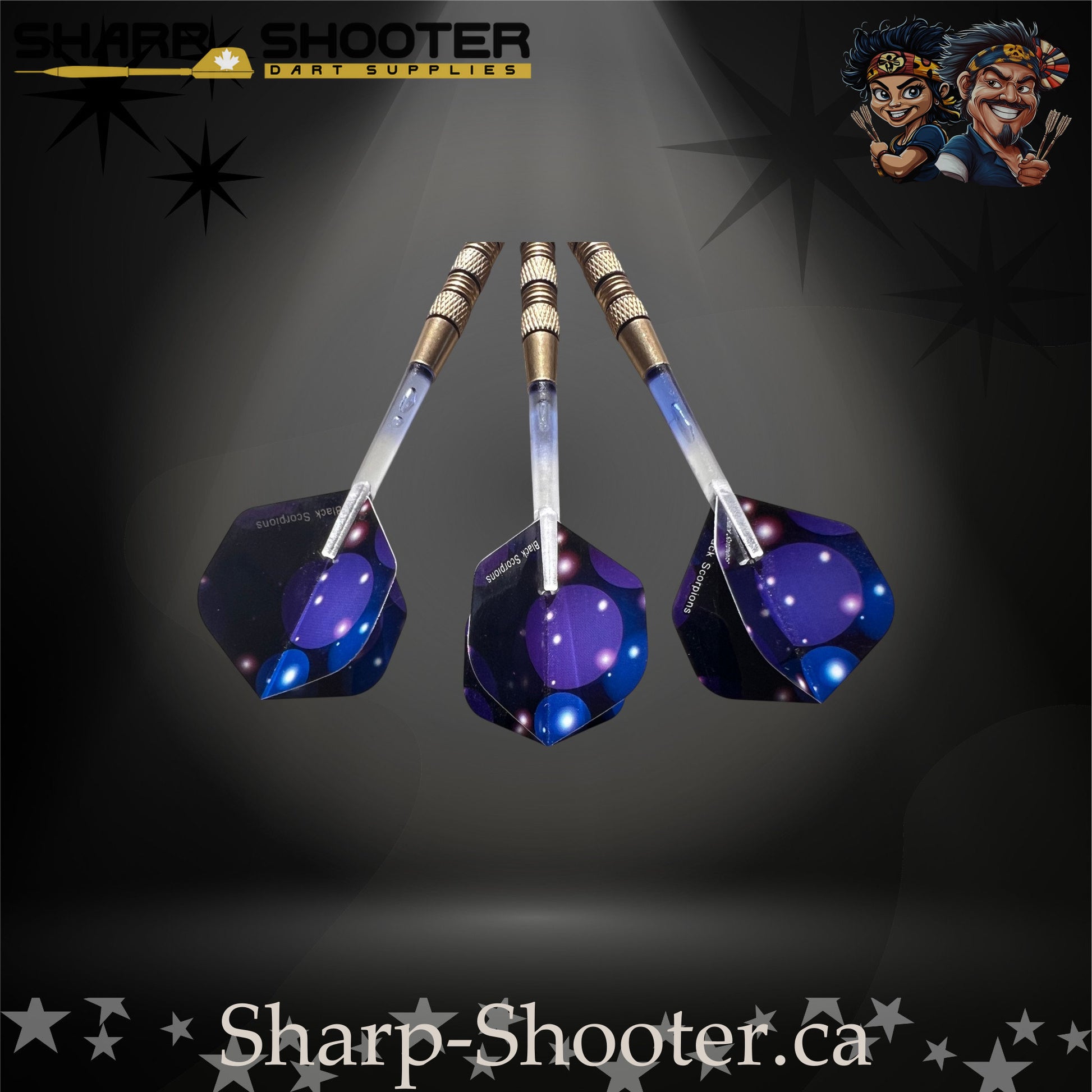 Blue Lagoon soft tip dart set featuring silver-nickel SD08 Night Forge barrels with black accent rings, clear shafts with visible air-bubble cores, and matching blue flights, displayed on a dark gradient background.