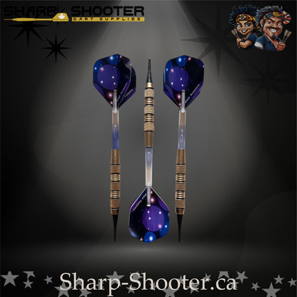 Blue Lagoon soft tip dart set featuring silver-nickel SD08 Night Forge barrels with black accent rings, clear shafts with visible air-bubble cores, and matching blue flights, displayed on a dark gradient background.