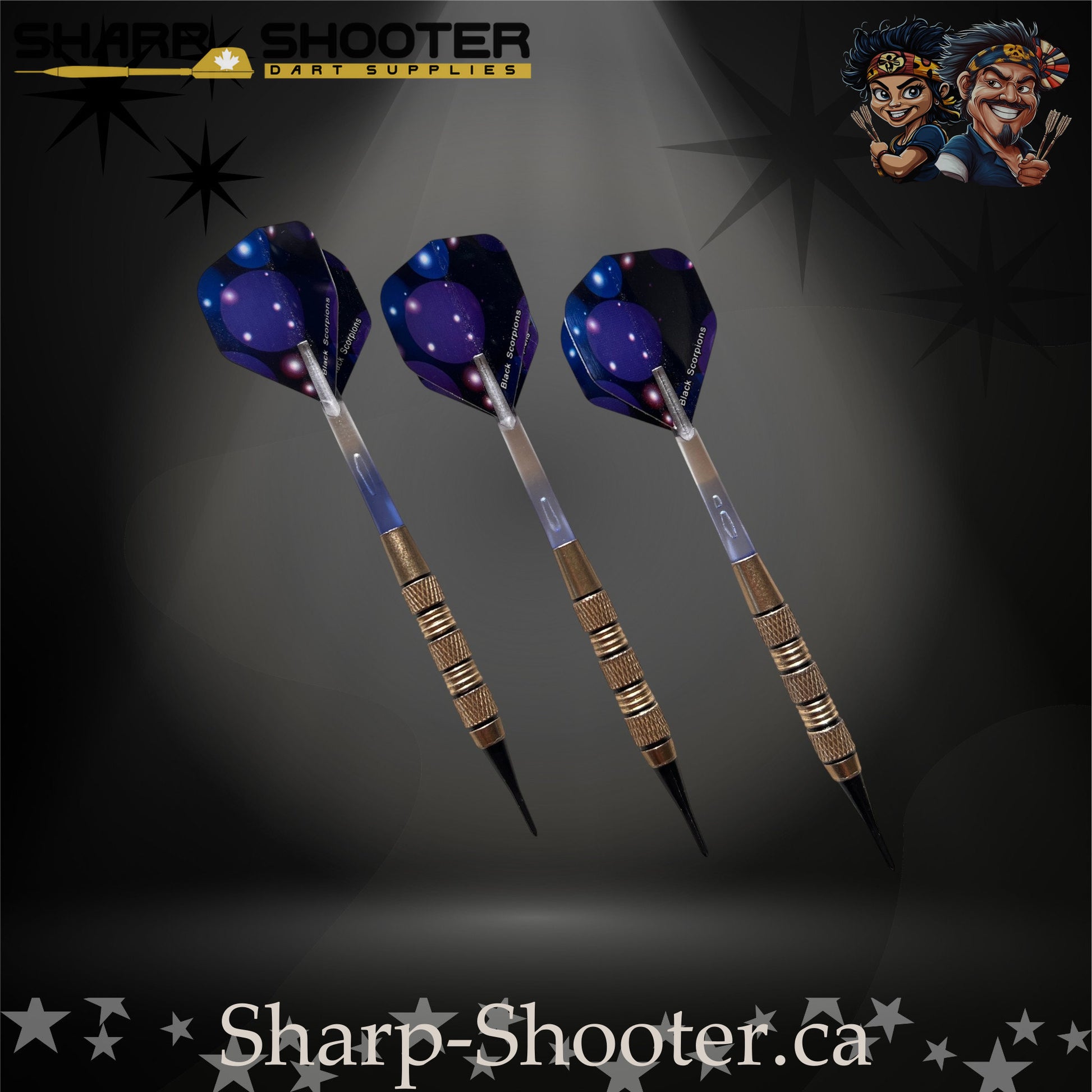 Blue Lagoon soft tip dart set featuring silver-nickel SD08 Night Forge barrels with black accent rings, clear shafts with visible air-bubble cores, and matching blue flights, displayed on a dark gradient background.
