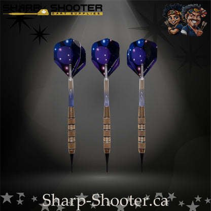 Blue Lagoon soft tip dart set featuring silver-nickel SD08 Night Forge barrels with black accent rings, clear shafts with visible air-bubble cores, and matching blue flights, displayed on a dark gradient background.