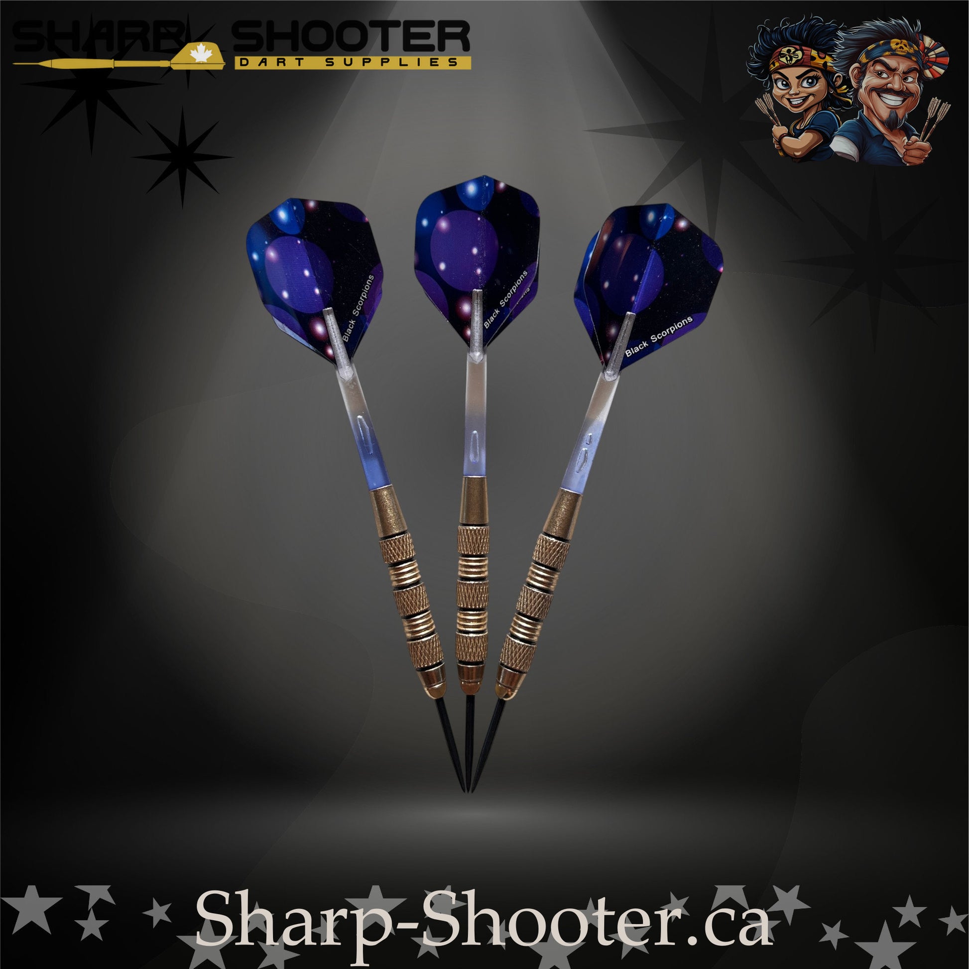 Blue Lagoon-S steel tip dart set with silver-nickel SD08 Night Forge barrels and black grip rings, clear bubble-core shafts, lagoon-blue flights, and 29mm black steel tips on a dark spotlight backdrop