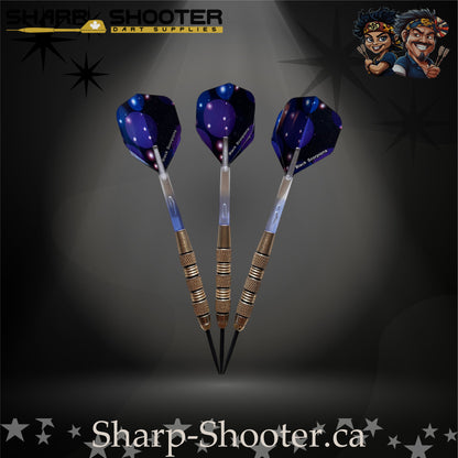 Blue Lagoon-S steel tip dart set with silver-nickel SD08 Night Forge barrels and black grip rings, clear bubble-core shafts, lagoon-blue flights, and 29mm black steel tips on a dark spotlight backdrop
