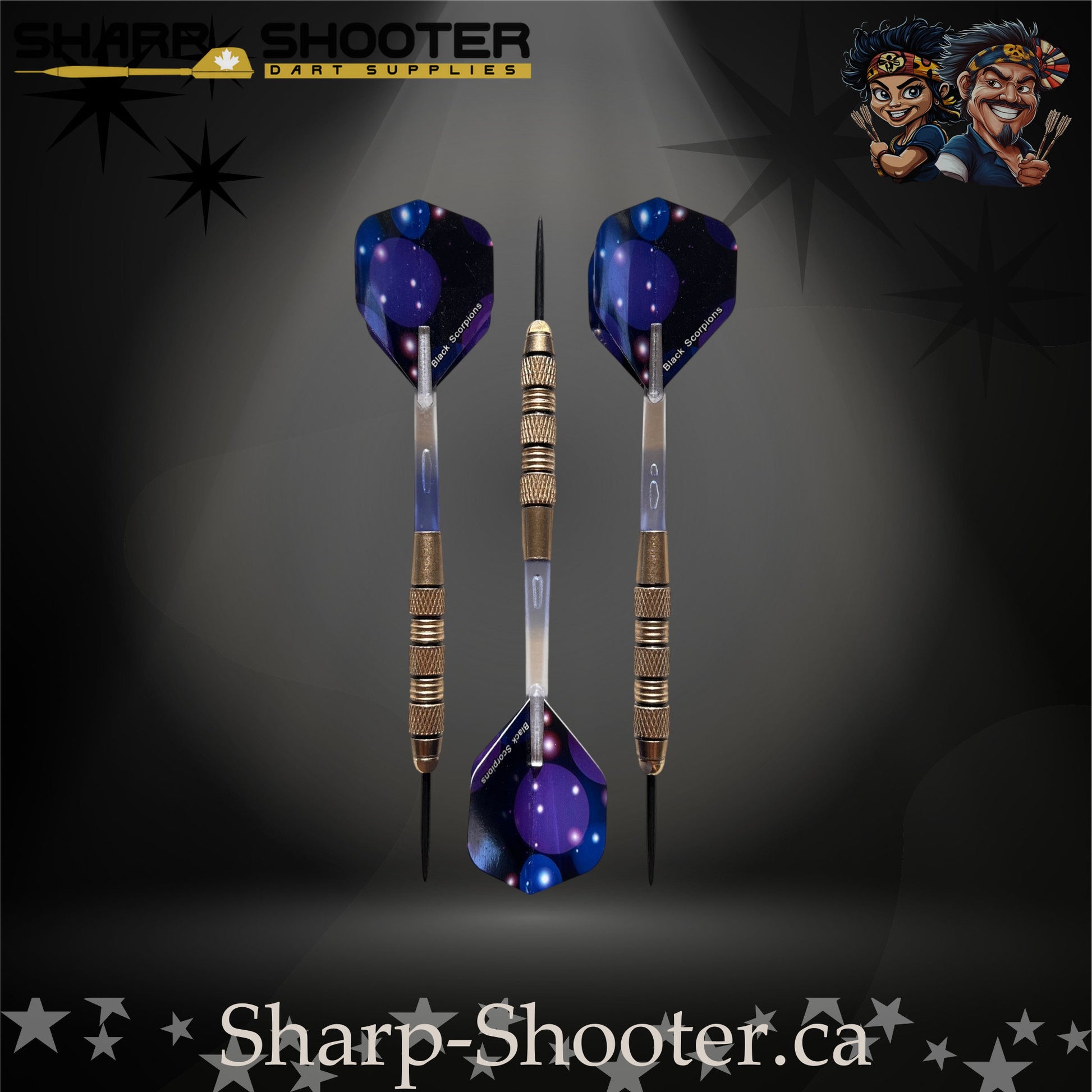 Blue Lagoon-S steel tip dart set with silver-nickel SD08 Night Forge barrels and black grip rings, clear bubble-core shafts, lagoon-blue flights, and 29mm black steel tips on a dark spotlight backdrop