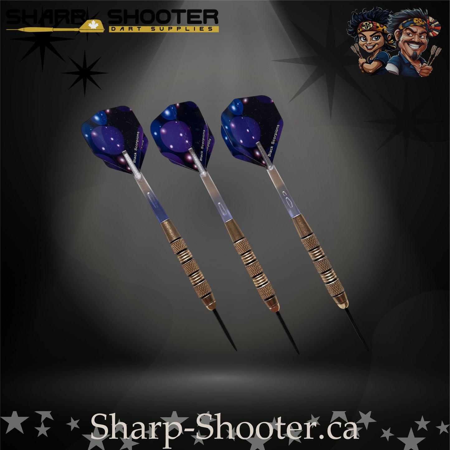 Blue Lagoon-S steel tip dart set with silver-nickel SD08 Night Forge barrels and black grip rings, clear bubble-core shafts, lagoon-blue flights, and 29mm black steel tips on a dark spotlight backdrop
