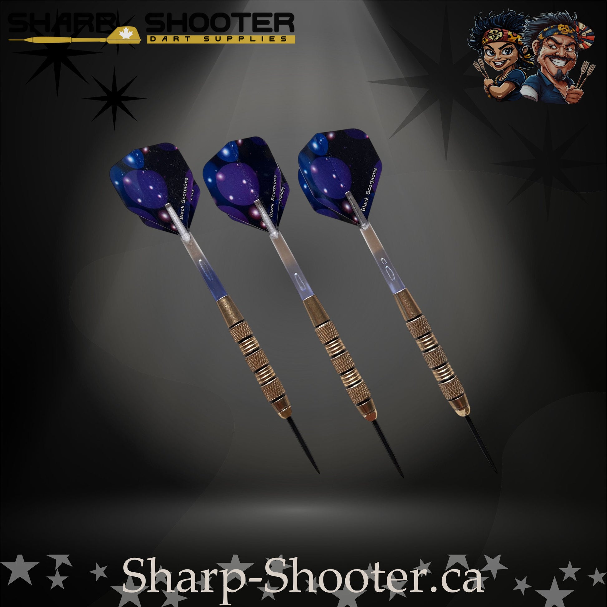Blue Lagoon-S steel tip dart set with silver-nickel SD08 Night Forge barrels and black grip rings, clear bubble-core shafts, lagoon-blue flights, and 29mm black steel tips on a dark spotlight backdrop