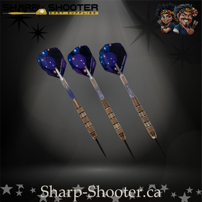Blue Lagoon-S steel tip dart set with silver-nickel SD08 Night Forge barrels and black grip rings, clear bubble-core shafts, lagoon-blue flights, and 29mm black steel tips on a dark spotlight backdrop