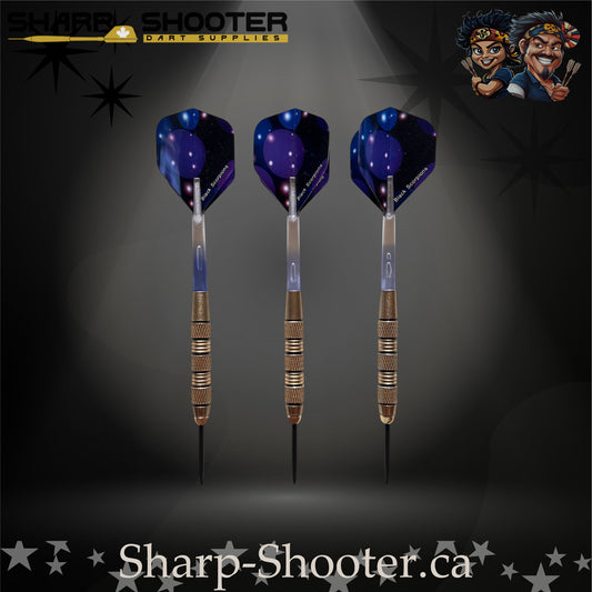 Blue Lagoon-S steel tip dart set with silver-nickel SD08 Night Forge barrels and black grip rings, clear bubble-core shafts, lagoon-blue flights, and 29mm black steel tips on a dark spotlight backdrop