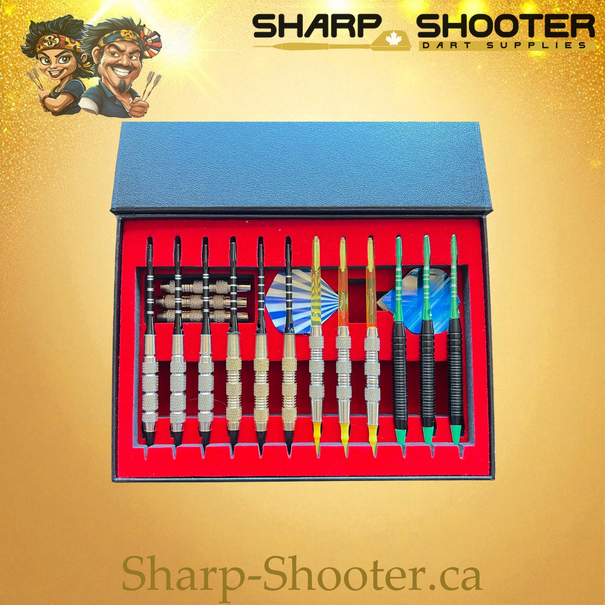 The Armory case open — DP-20 showing darts and accessories neatly arranged, Sharp-Shooter.ca
