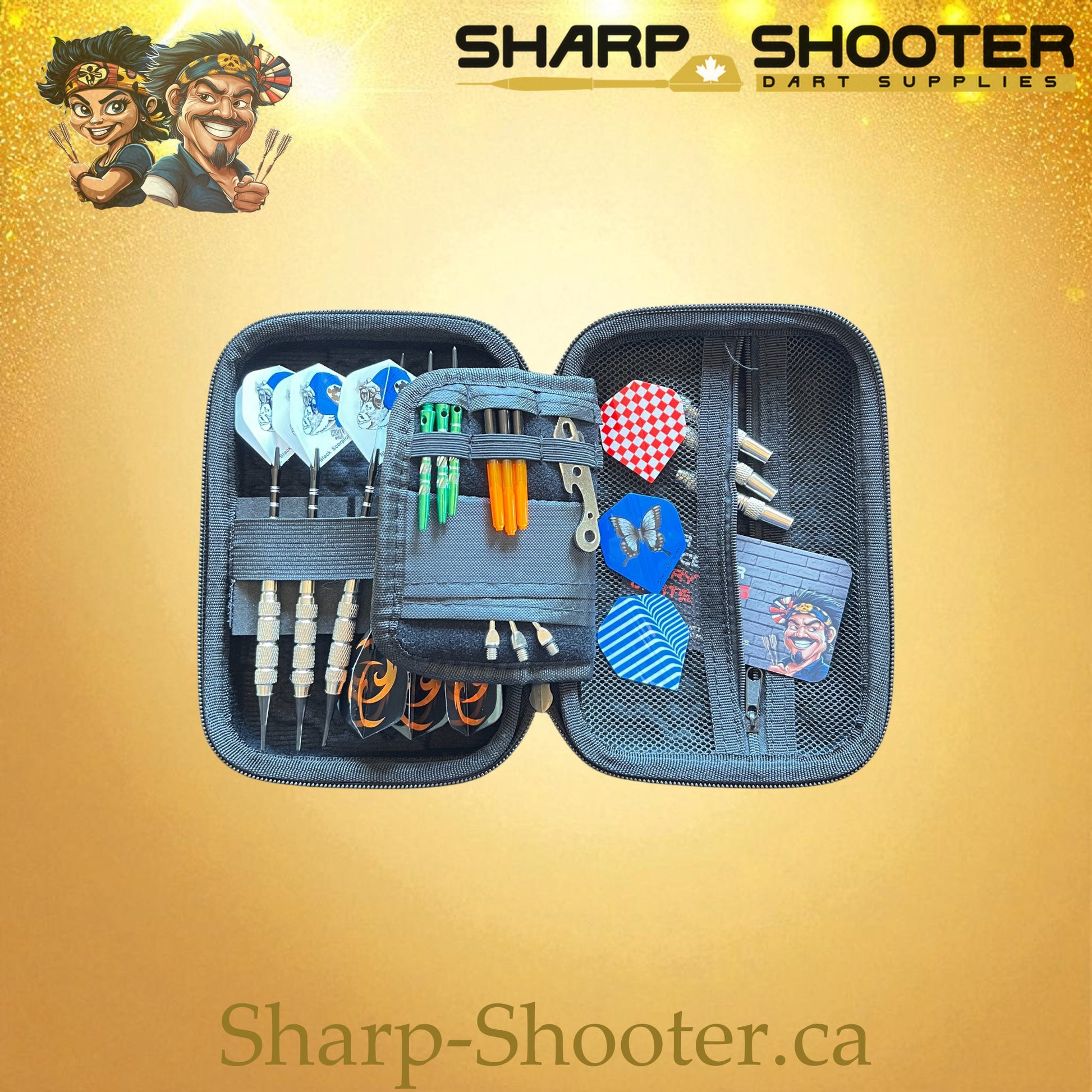 Sharpshooter Gearbox PVC Dart Case – Black, shown loaded with six darts and accessories