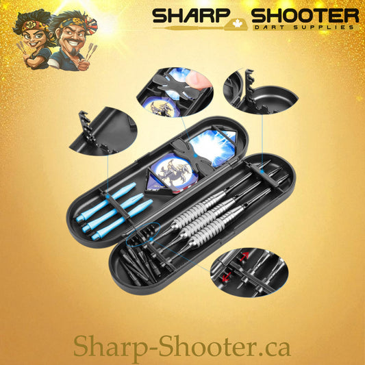 The Keeper dart case stocked with darts and extra Accessories inside — DP-31 Black, Sharp-Shooter.ca