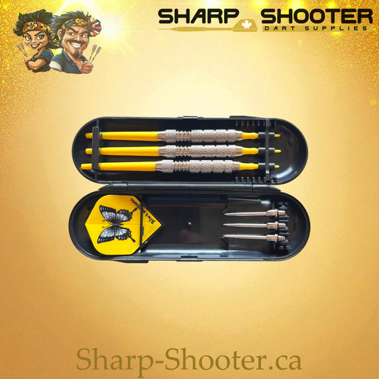 The Stash Box dart case stocked with darts — DP-17 Black, Sharp-Shooter.ca