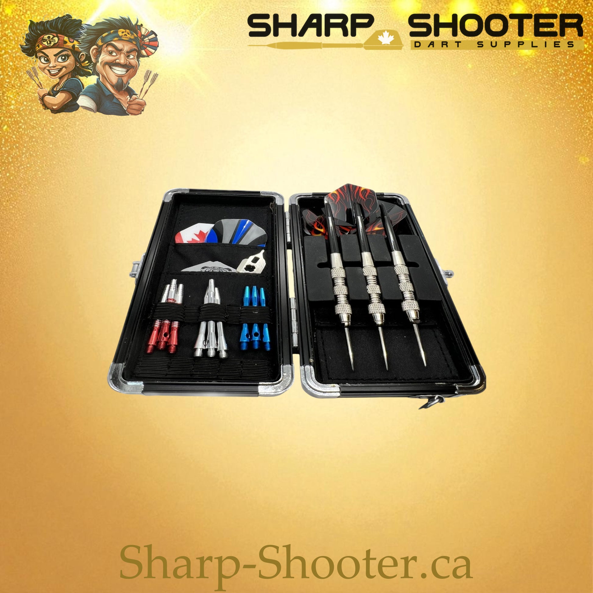 Red aluminum dart case open and stocked with darts, flights, and accessories