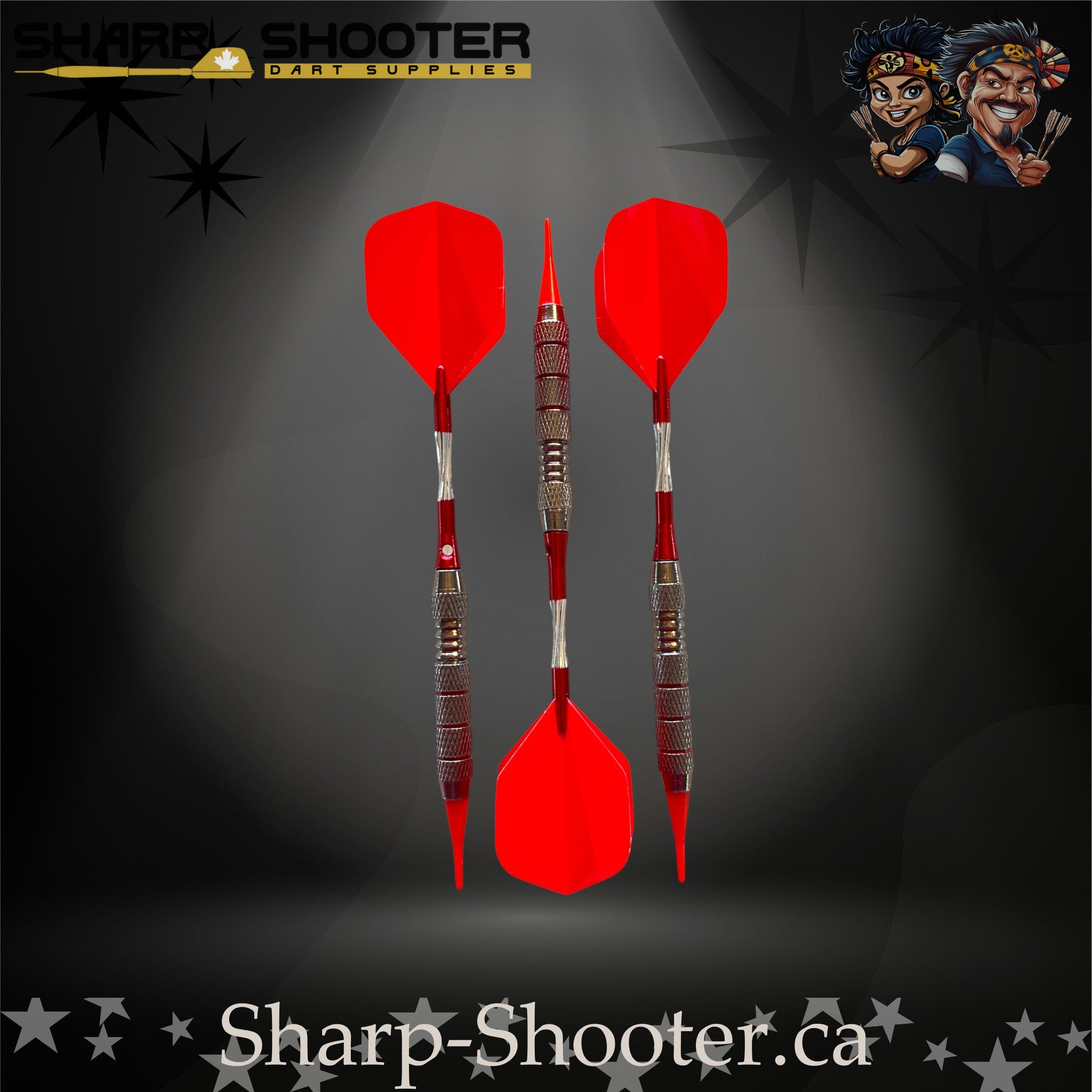 Cherry Bomb soft-tip dart set with red flights, red shafts, and a ringed metallic barrel on a dark spotlight background