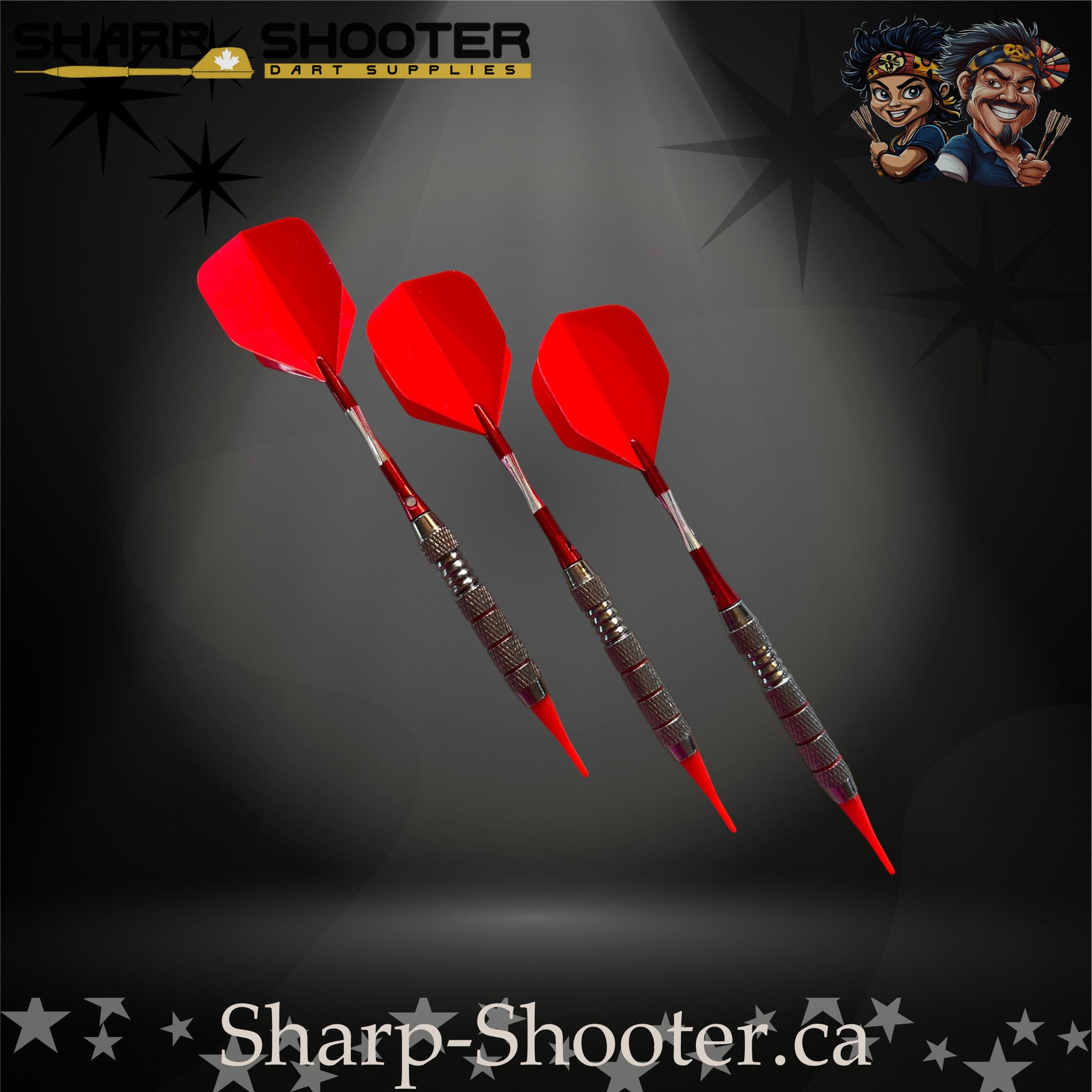Cherry Bomb soft-tip dart set with red flights, red shafts, and a ringed metallic barrel on a dark spotlight background