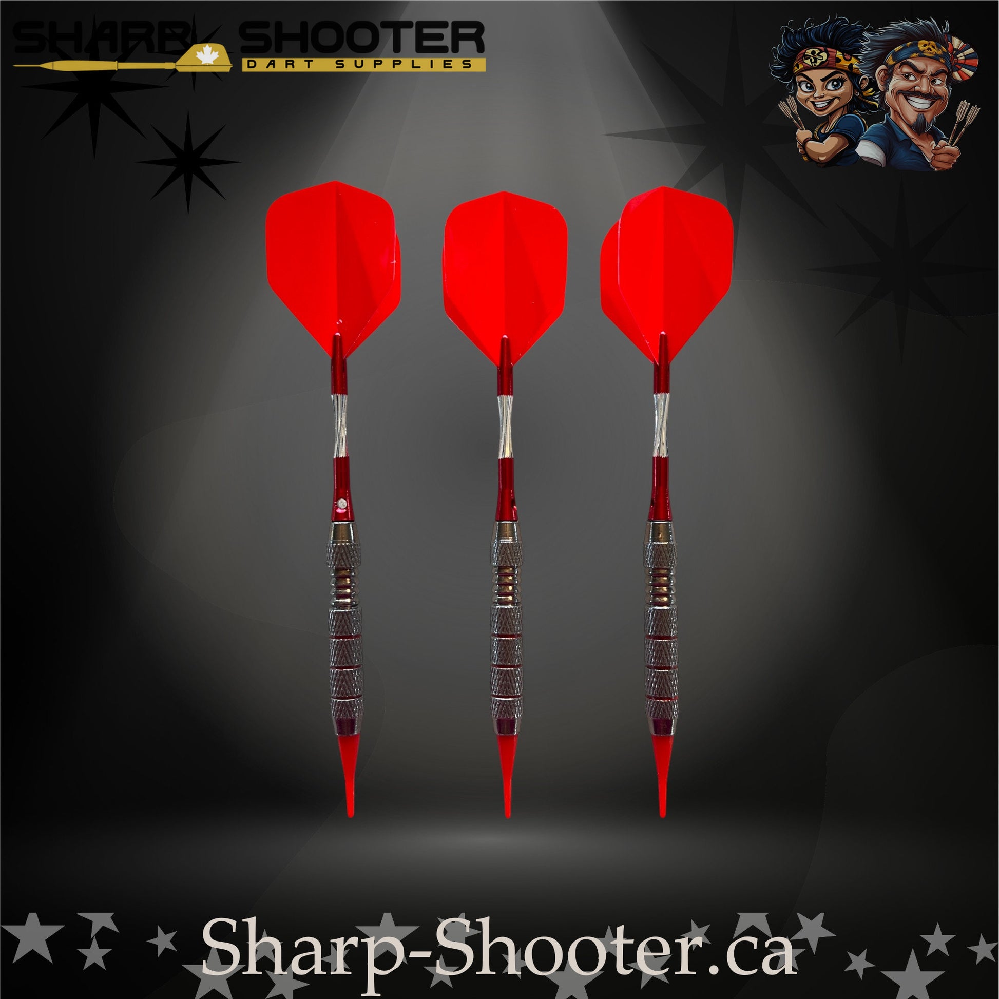 Cherry Bomb soft-tip dart set with red flights, red shafts, and a ringed metallic barrel on a dark spotlight background